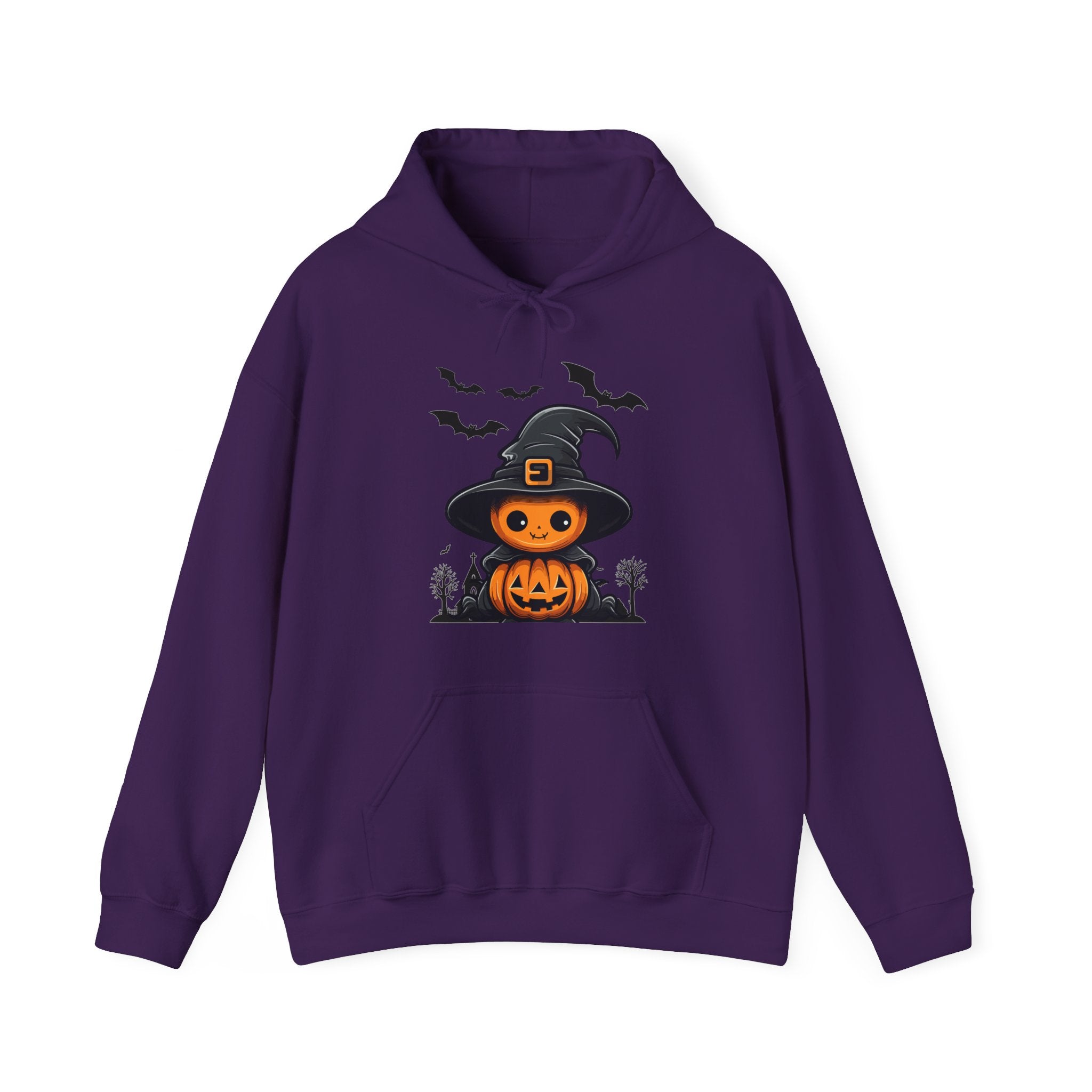 Purple hoodie with Halloween-themed design featuring a pumpkin in a witch hat on a white background