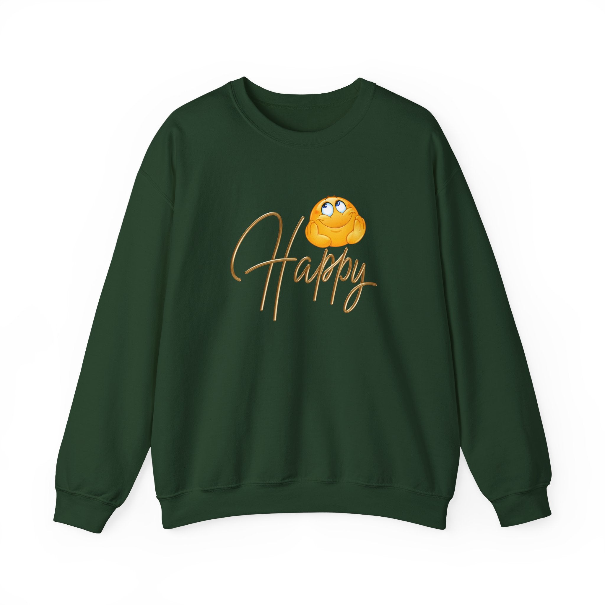 Green sweatshirt with a yellow emoji and 'Happy' text on a white background