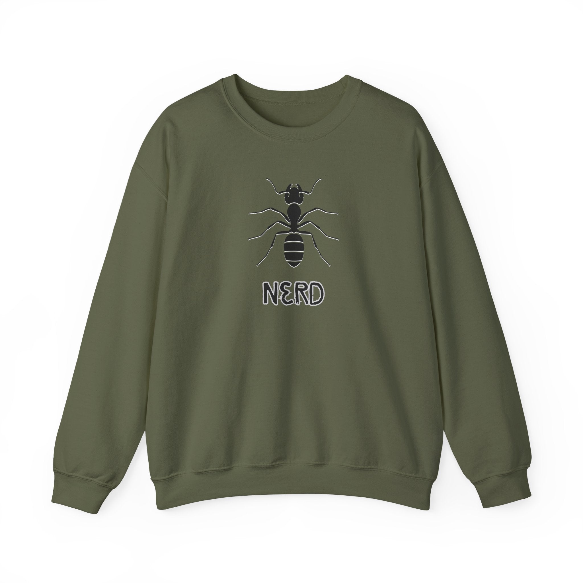 Green sweatshirt with ant graphic and 'NERD' text on a white background
