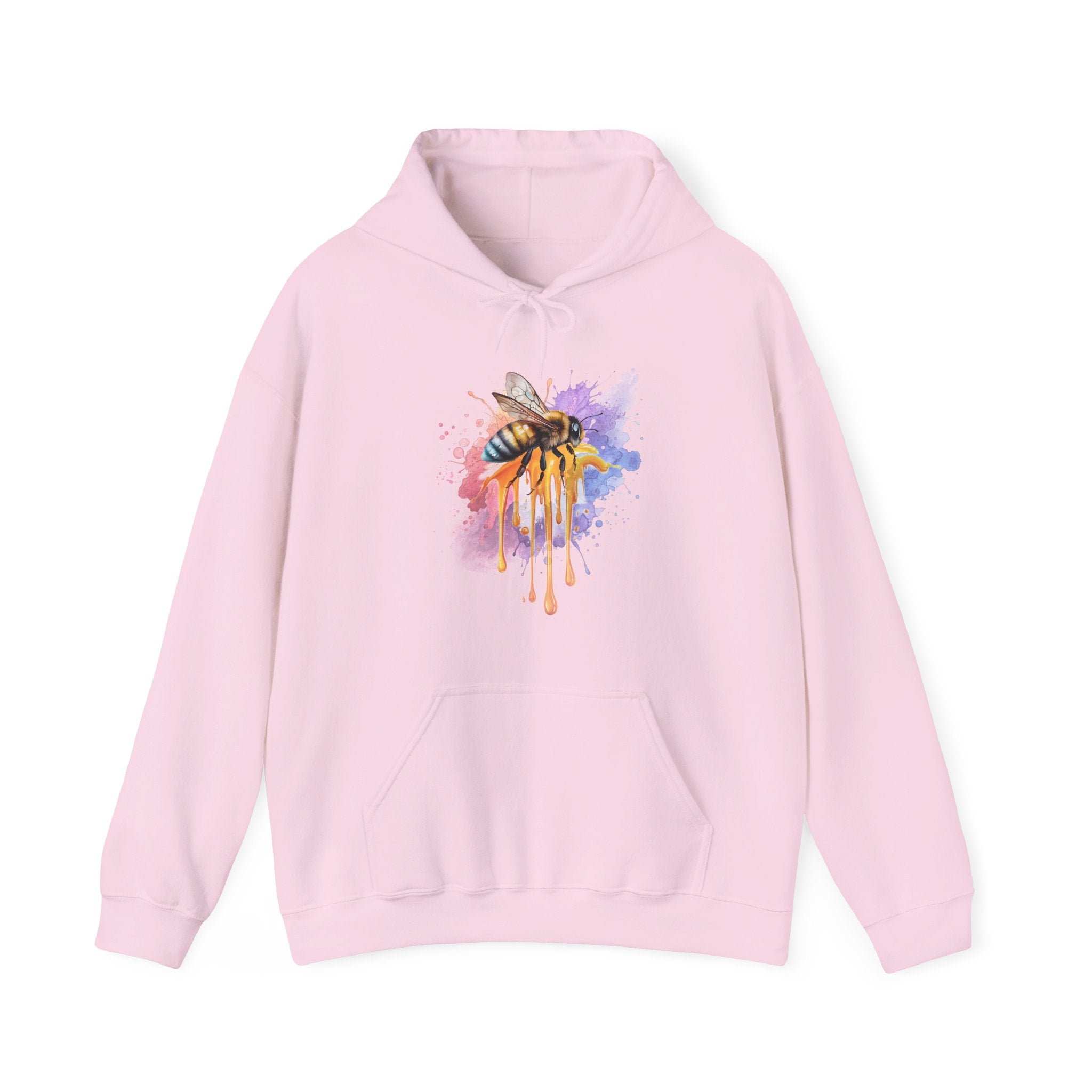 Pink hoodie with a colorful bee design on a white background