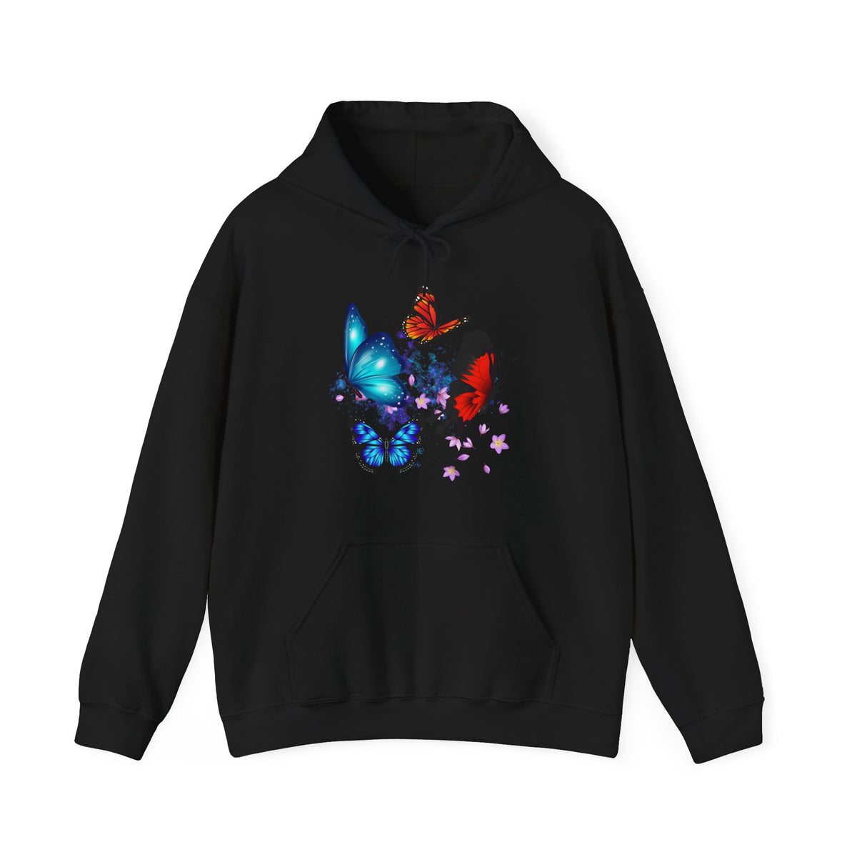 Black hoodie with colorful butterfly design on a white background