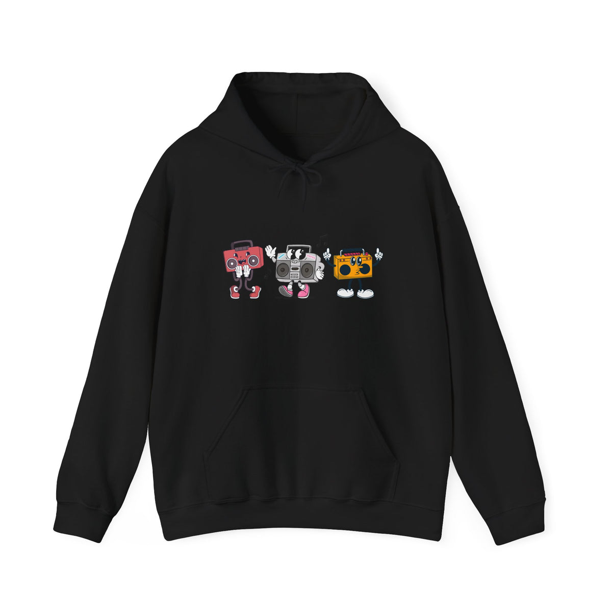 Black hoodie with cartoon robot design on a white background