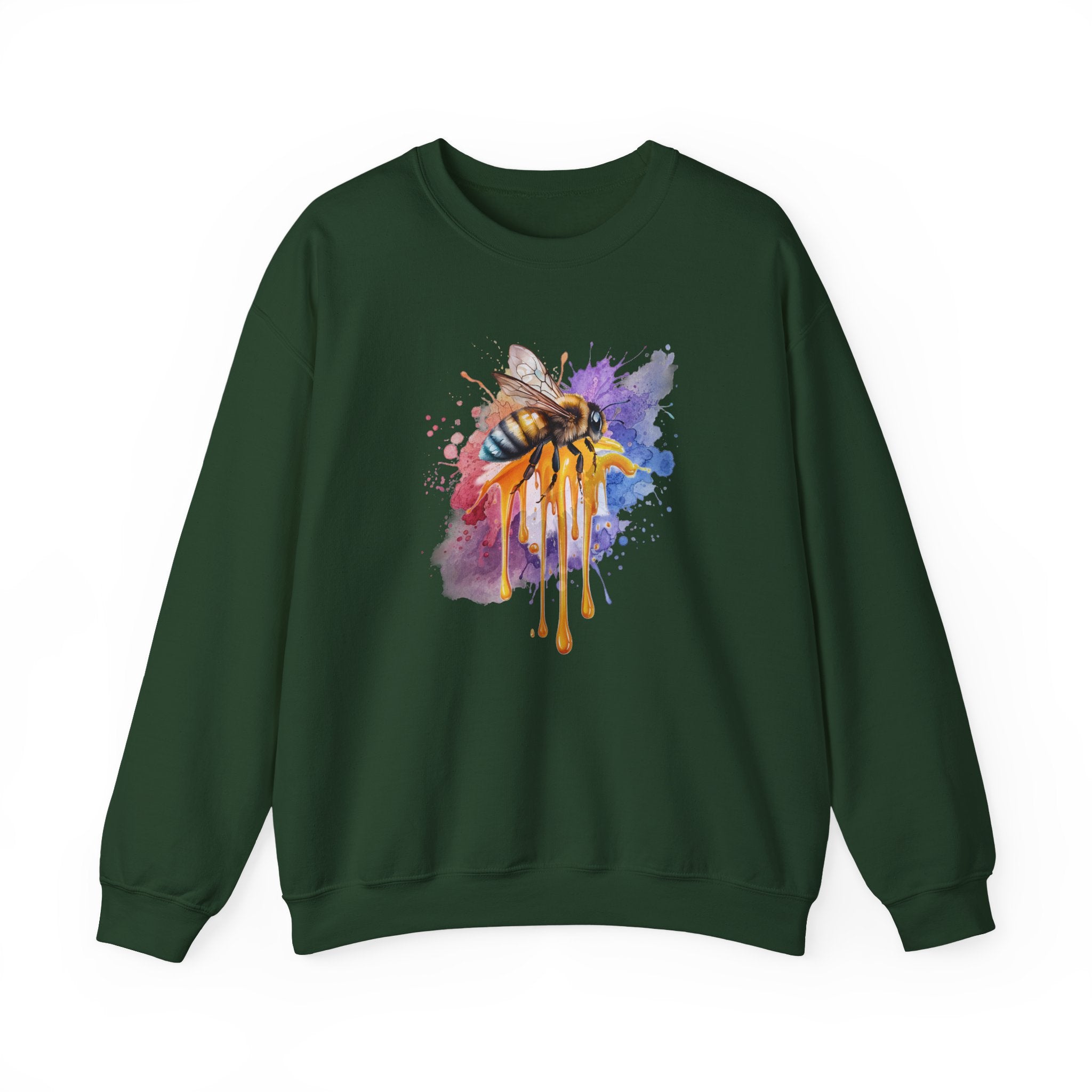 Black sweatshirt with a colorful bee design on a white background