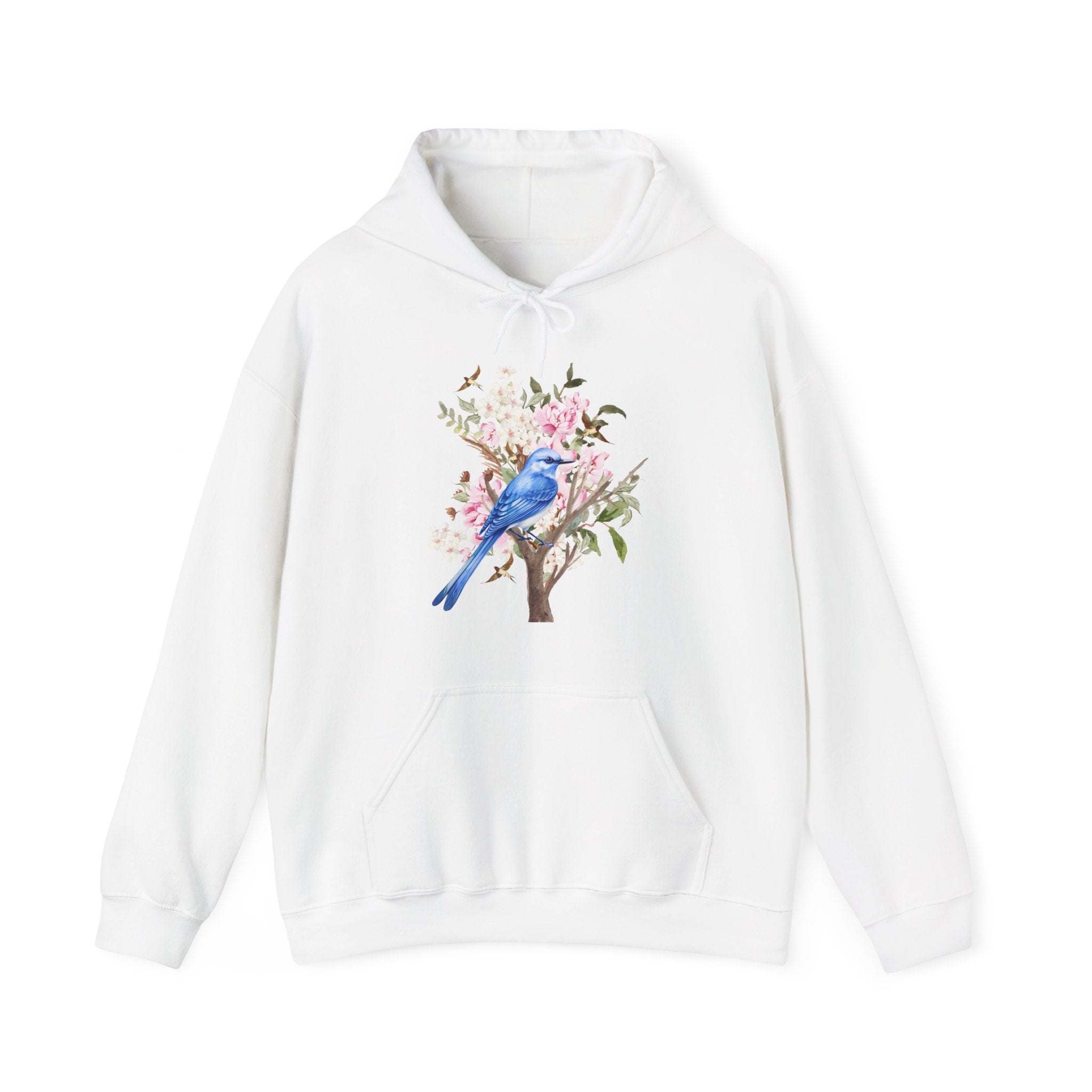 White hoodie with a blue bird and floral design on a white background