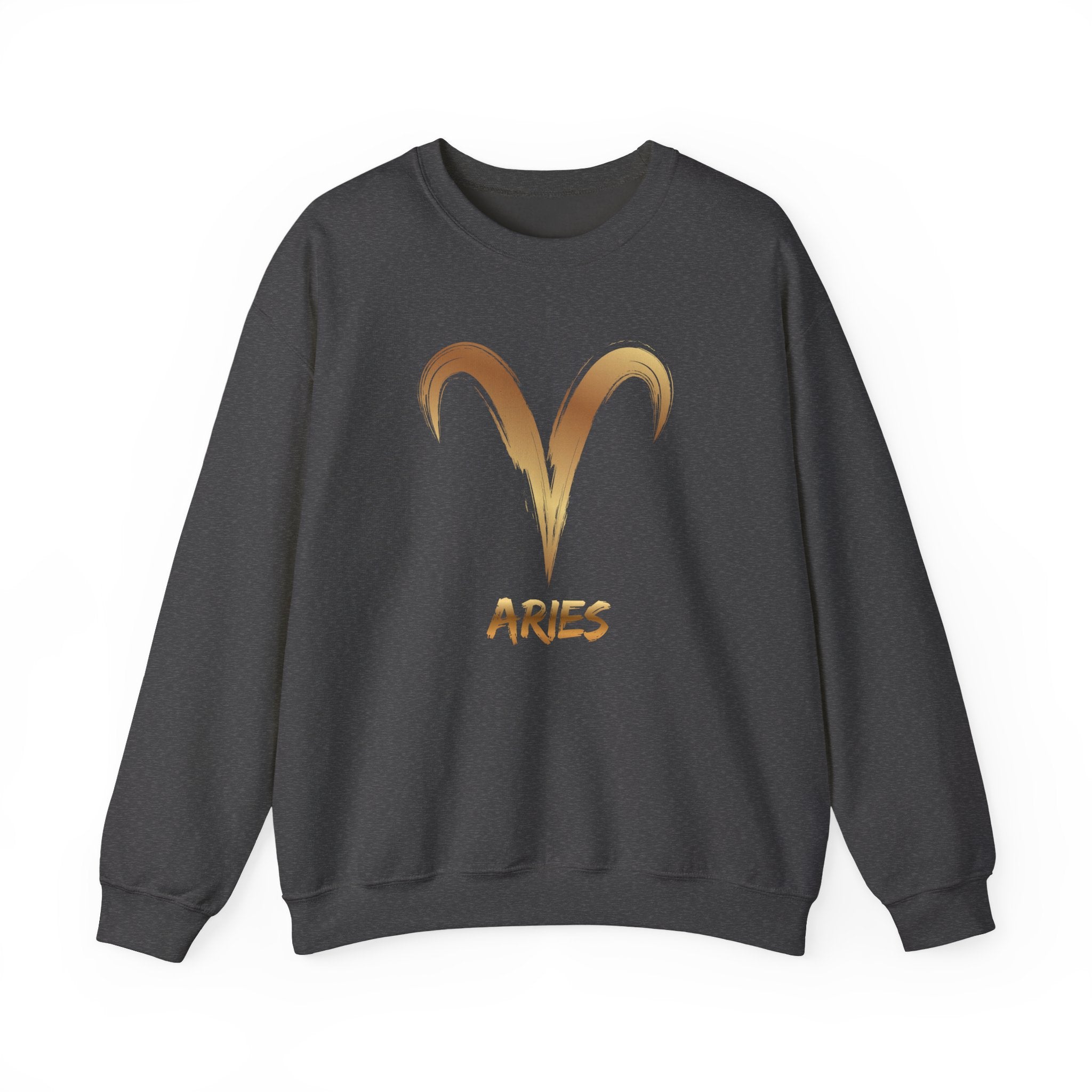 Dark grey sweatshirt with gold Aries symbol and text on a white background
