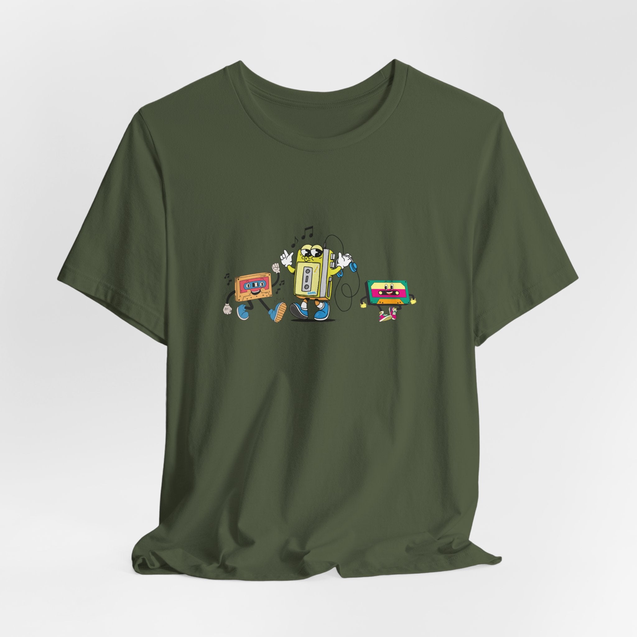 Green t-shirt with a cartoon character holding a suitcase on a white background