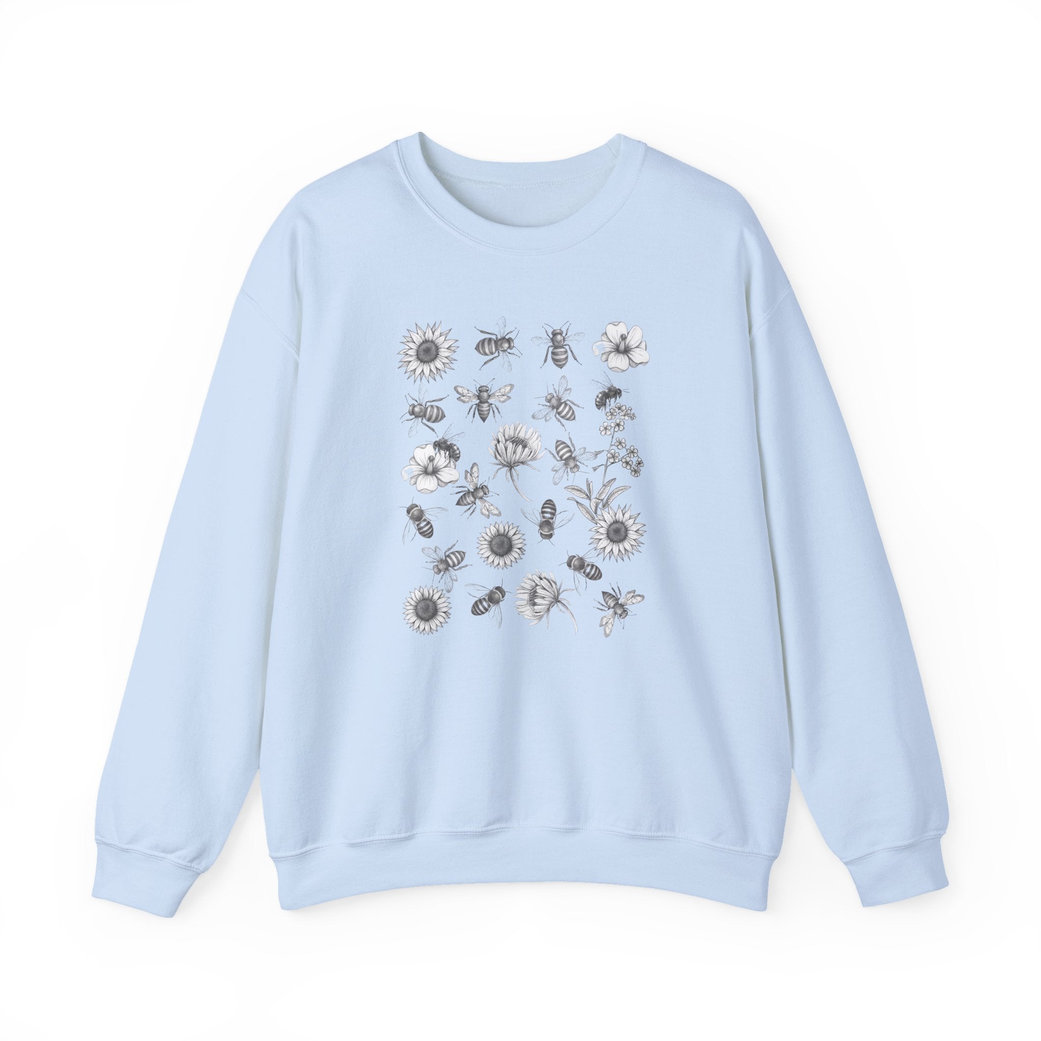 Light blue sweatshirt with floral and bee pattern on a white background