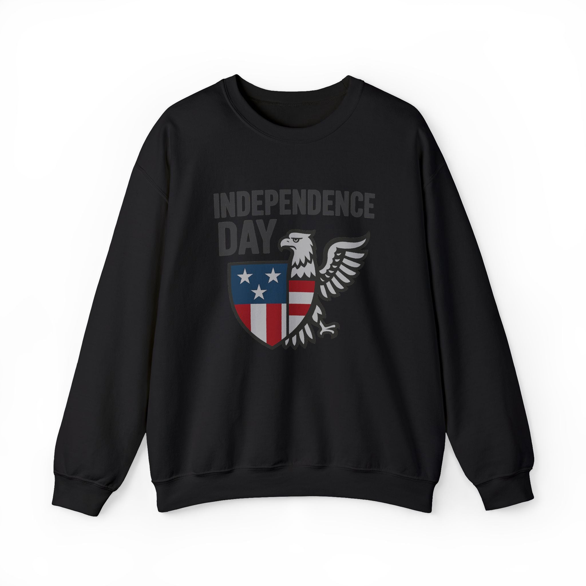 Black sweatshirt with 'Independence Day' design featuring an eagle and shield on a white background