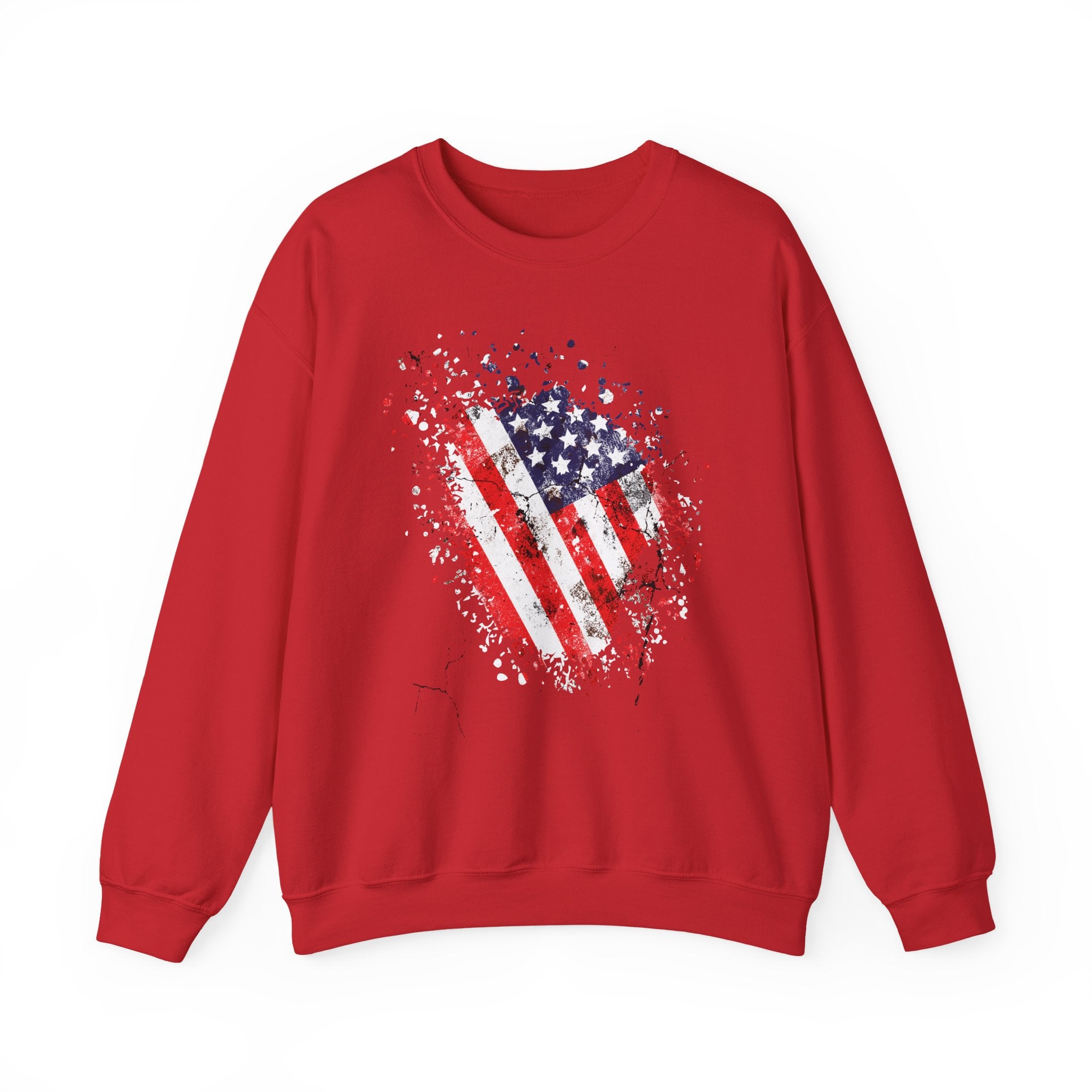 Red sweatshirt with American flag graphic on a white background