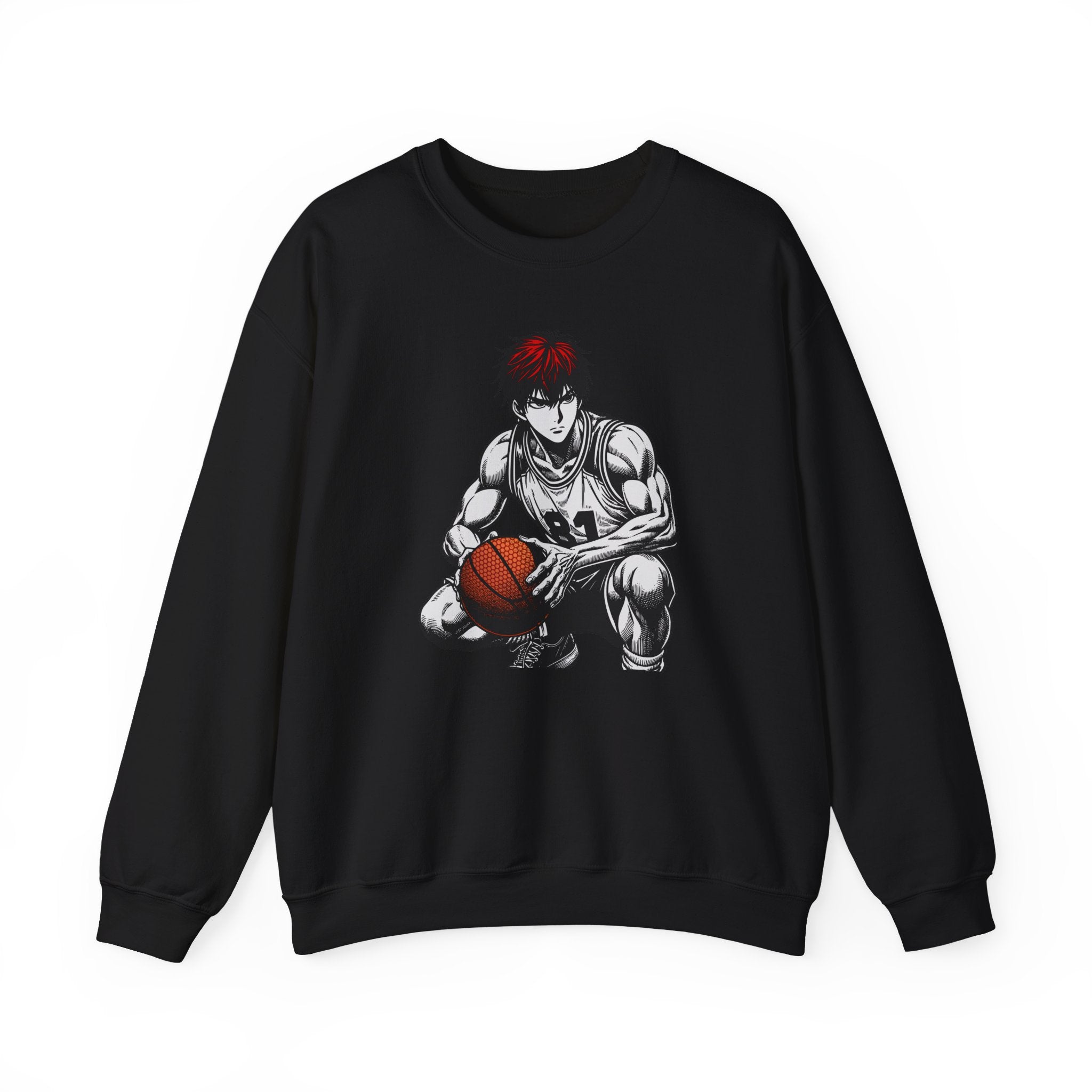 Black sweatshirt with an anime-style graphic of a character holding a basketball on a white background