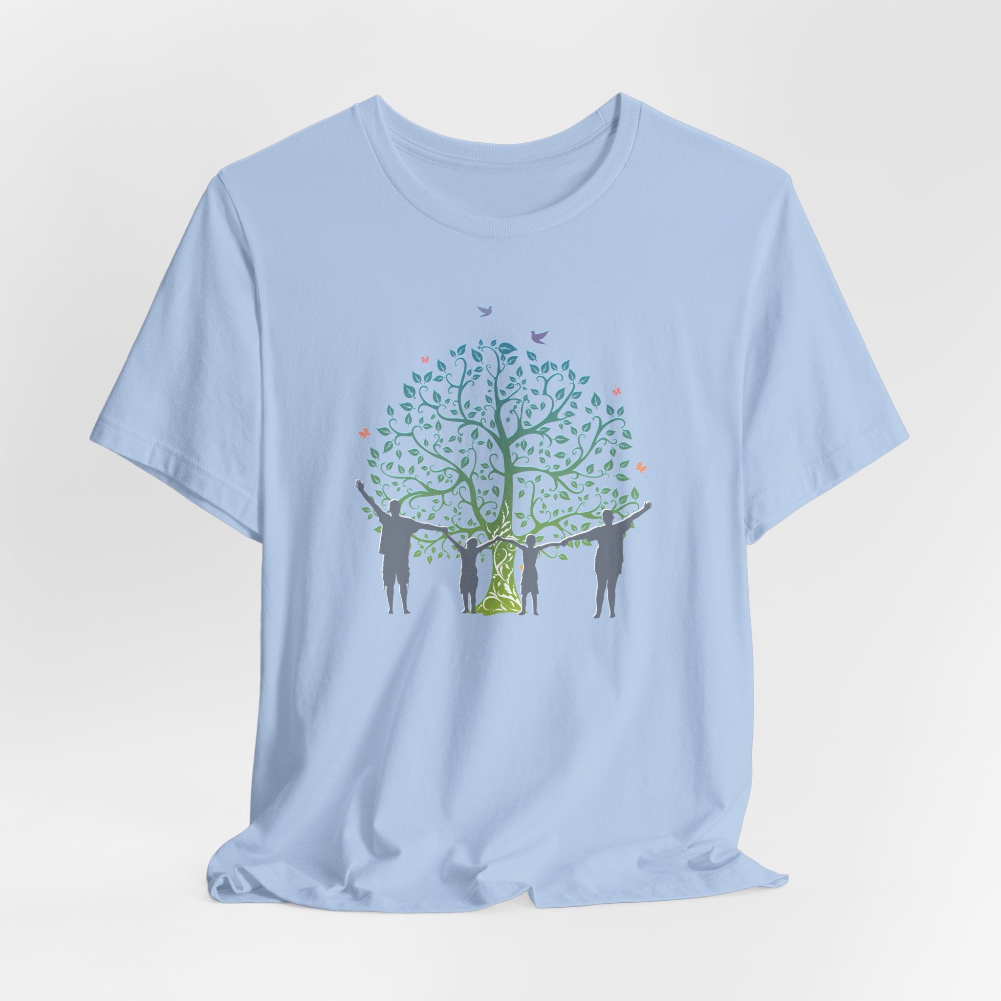 Light blue t-shirt with a tree and people graphic on a white background