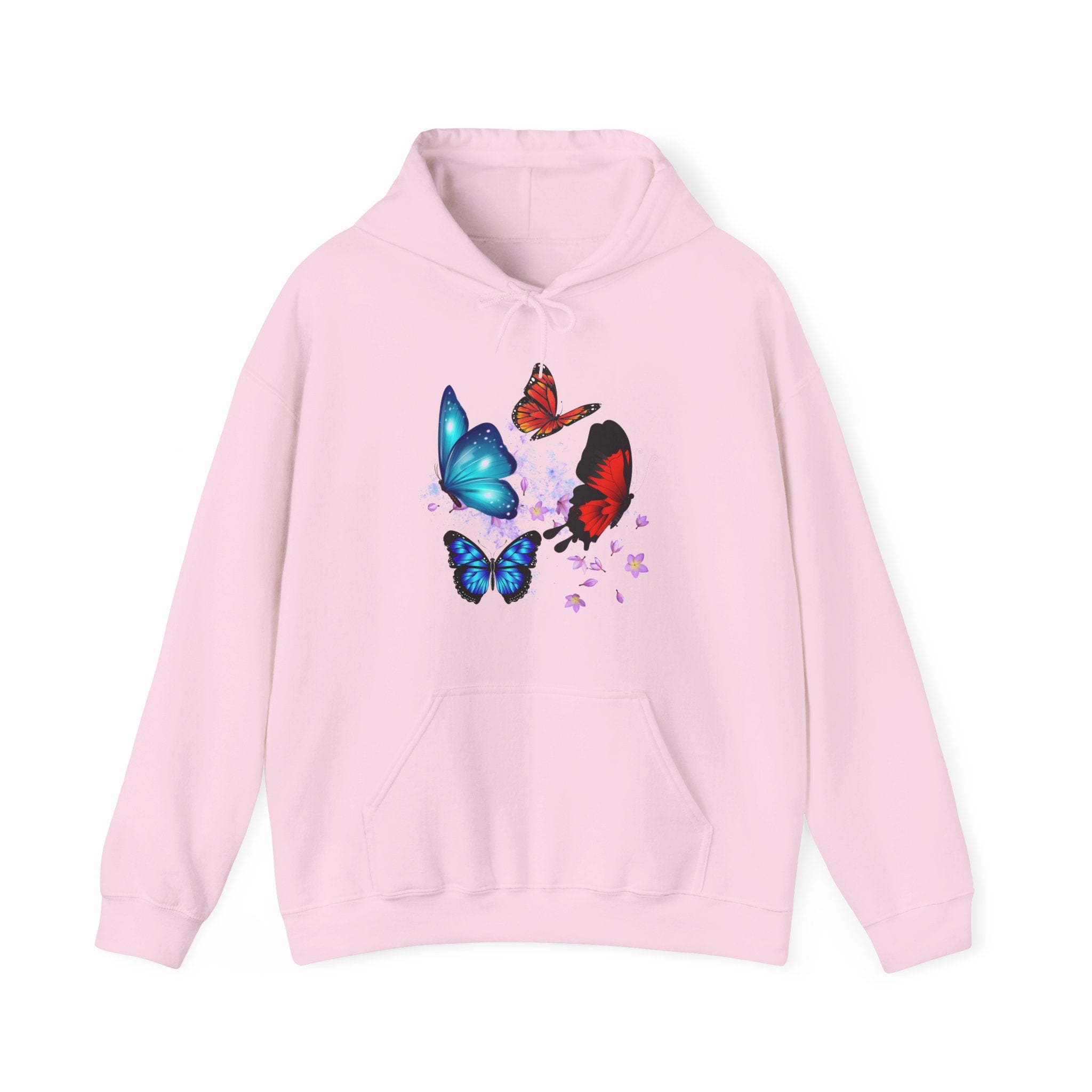 Pink hoodie with colorful butterfly design on a white background