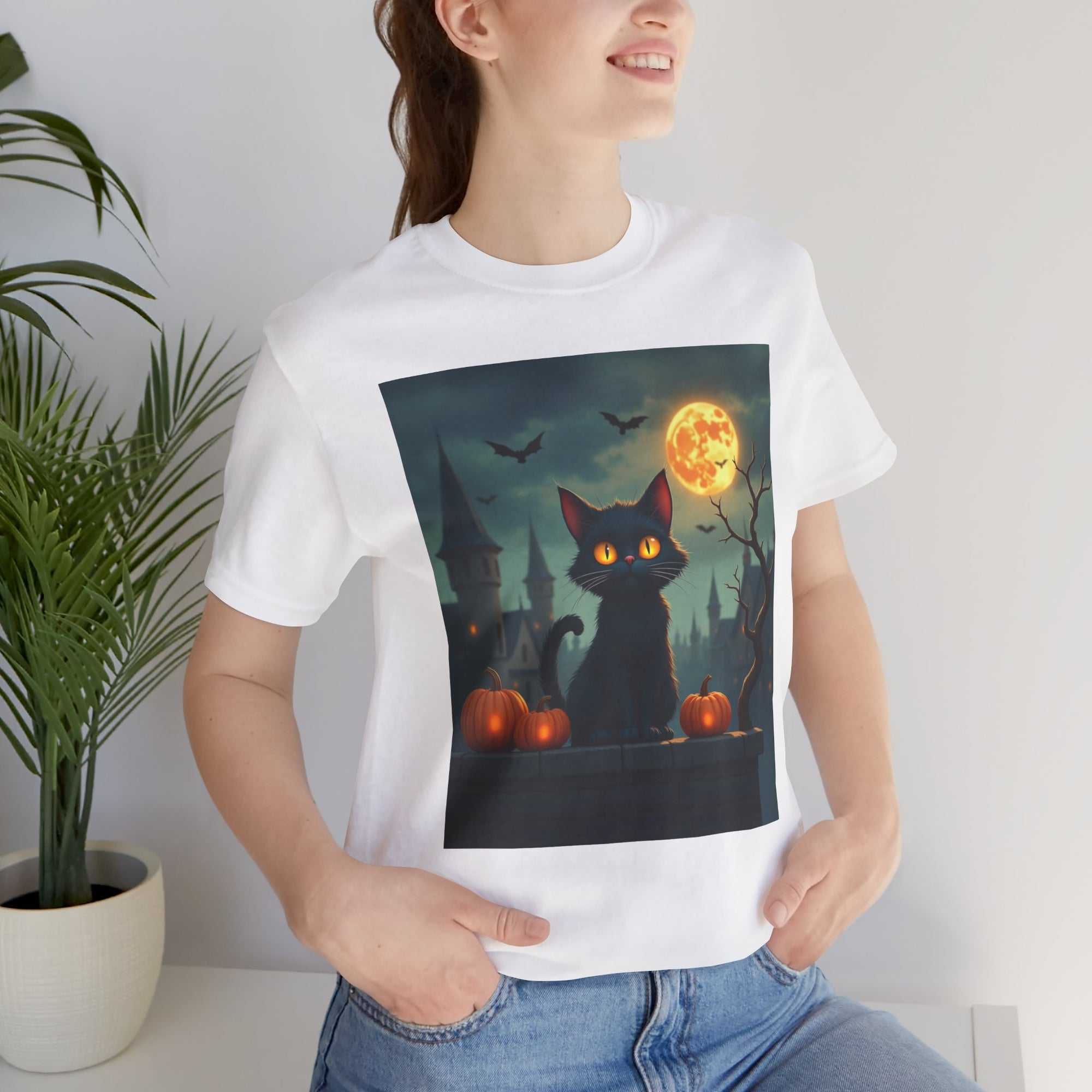 Halloween Cat with Bats and Orange Pumpkins T-shirt for Men and Women