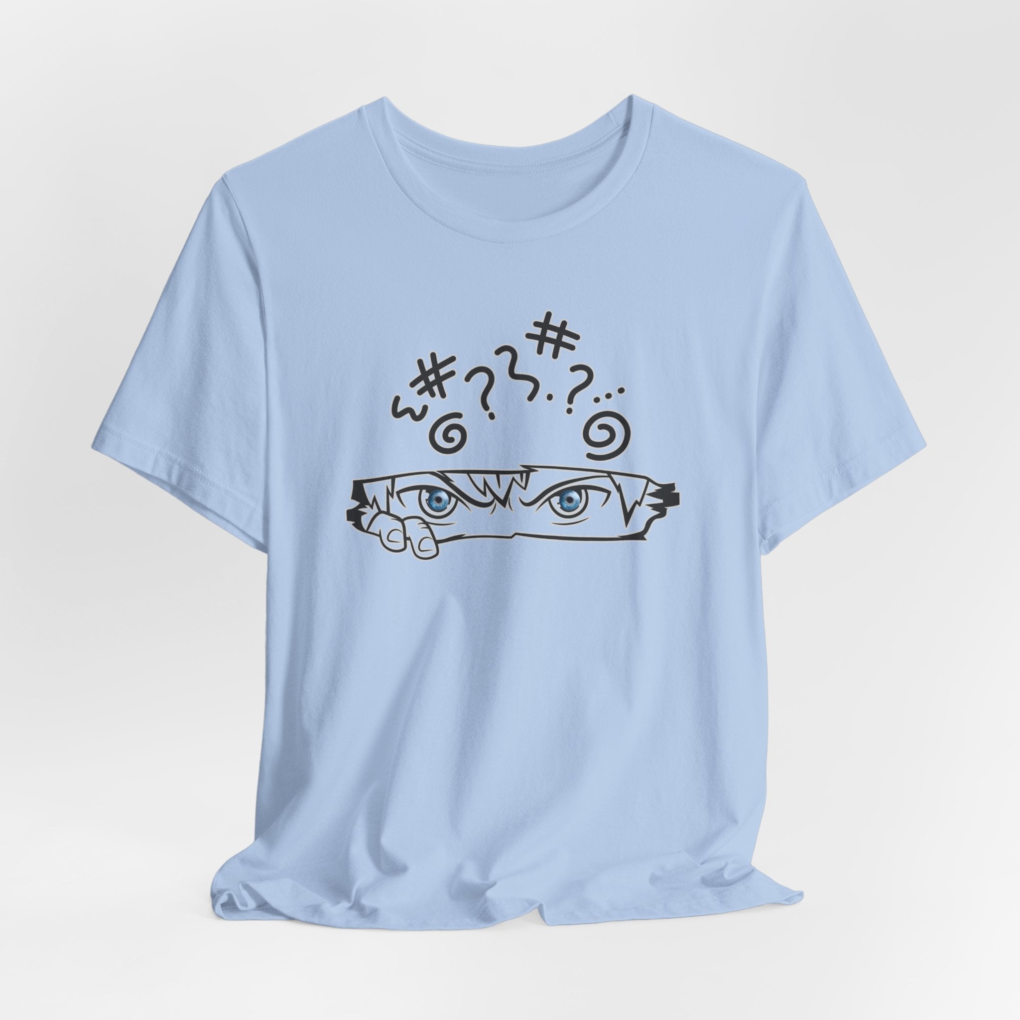 Light blue t-shirt with a graphic design on a light gray background