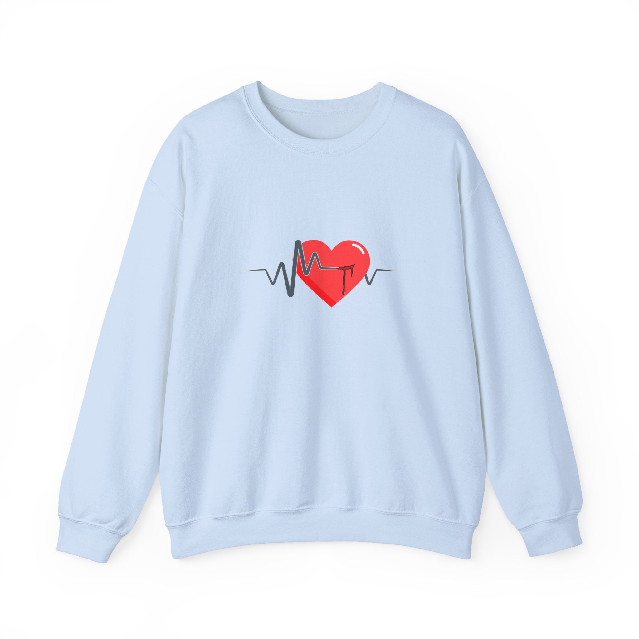 Light blue sweatshirt with a red heart and black text design on a white background