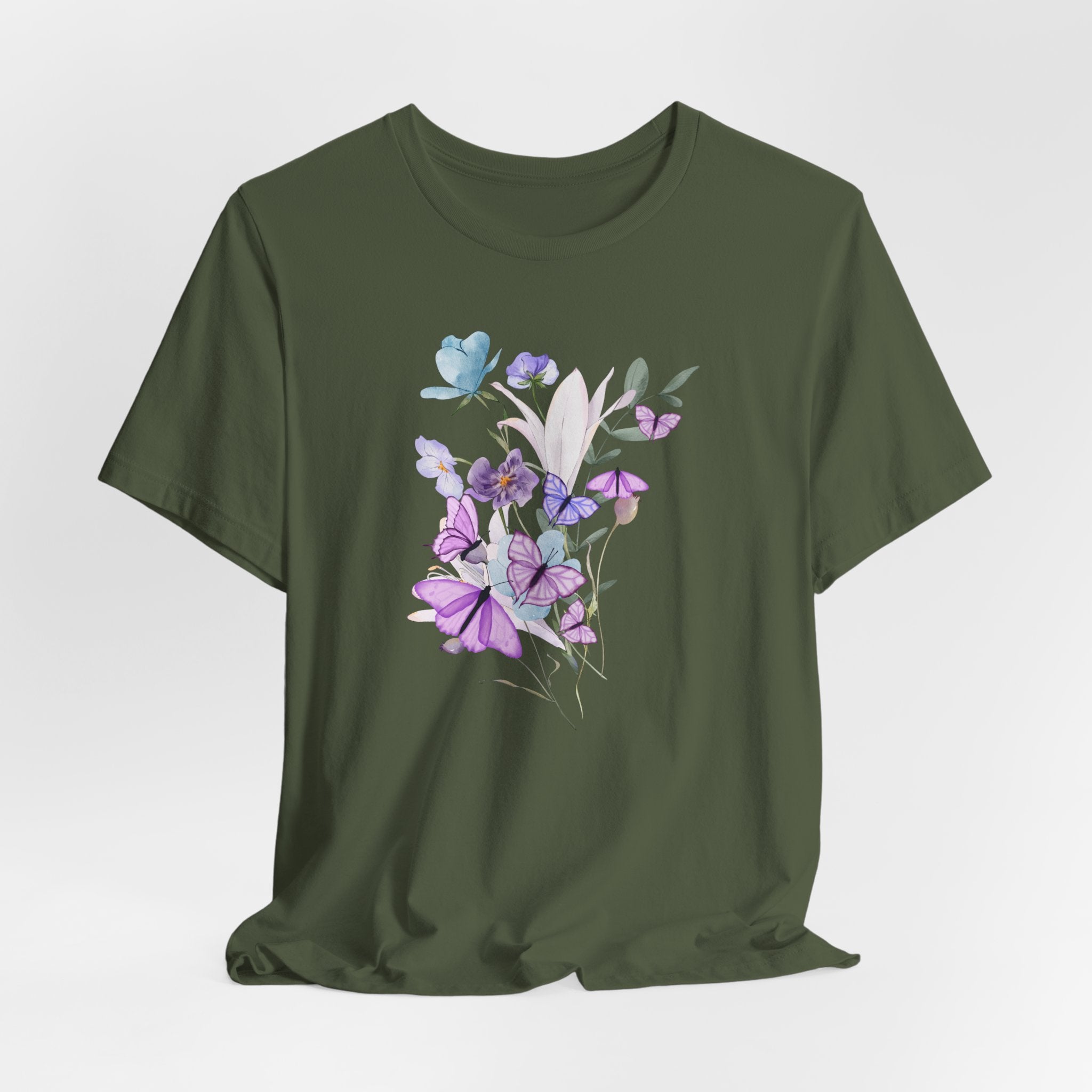 Green t-shirt with a floral design on a white background