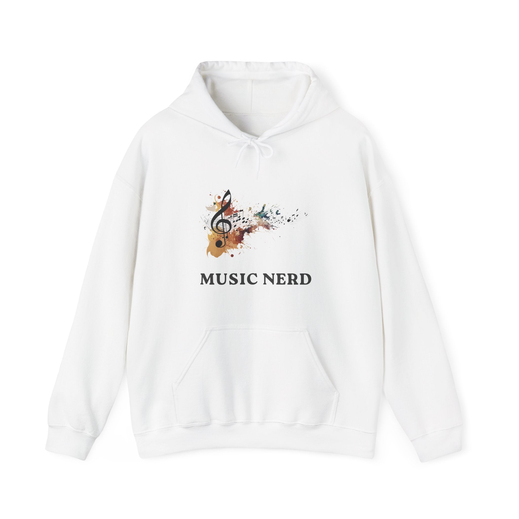 White hoodie with 'Music Nerd' text and musical note design on a white background