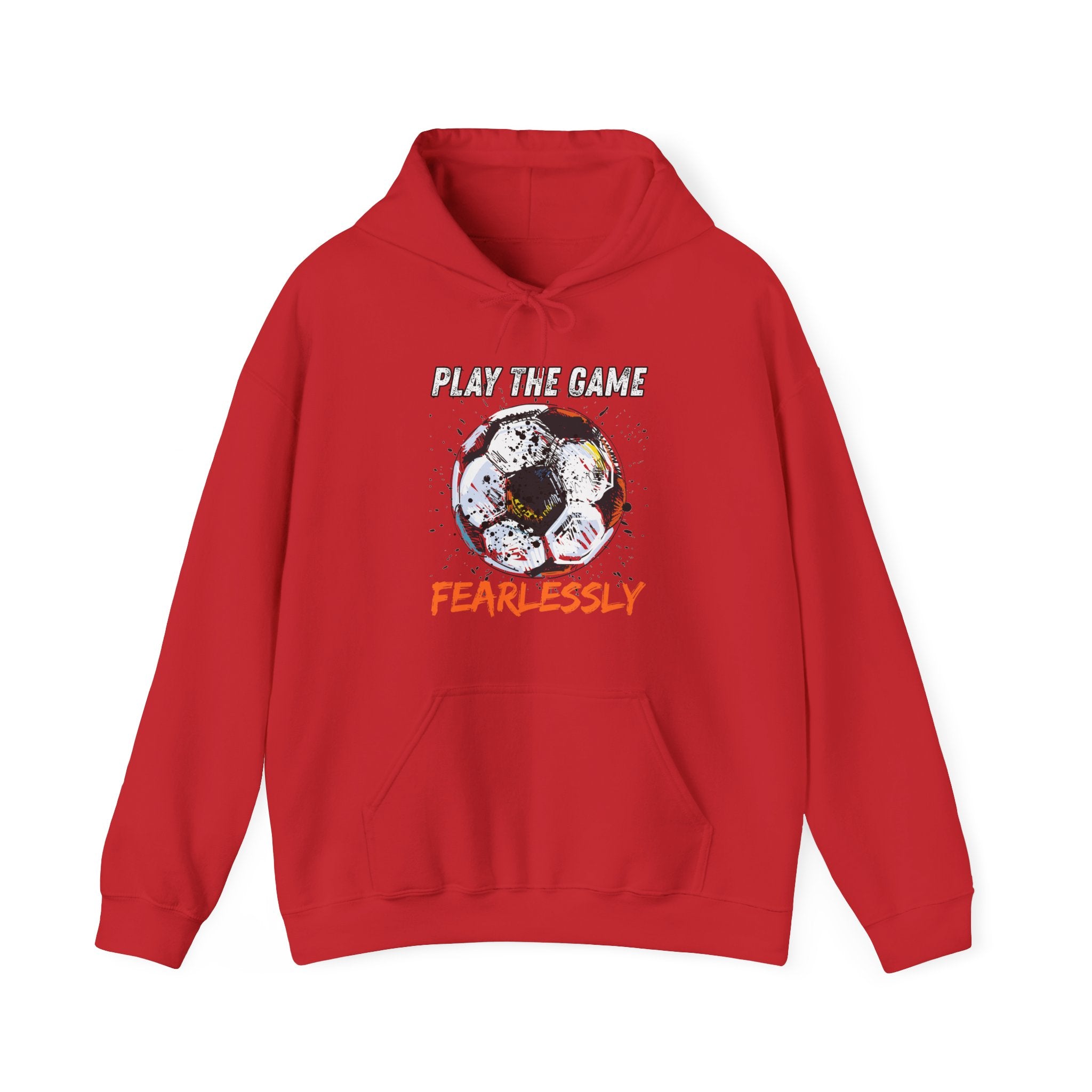 Red hoodie with dirty soccer ball graphic and play the game fearlessly text on a white background