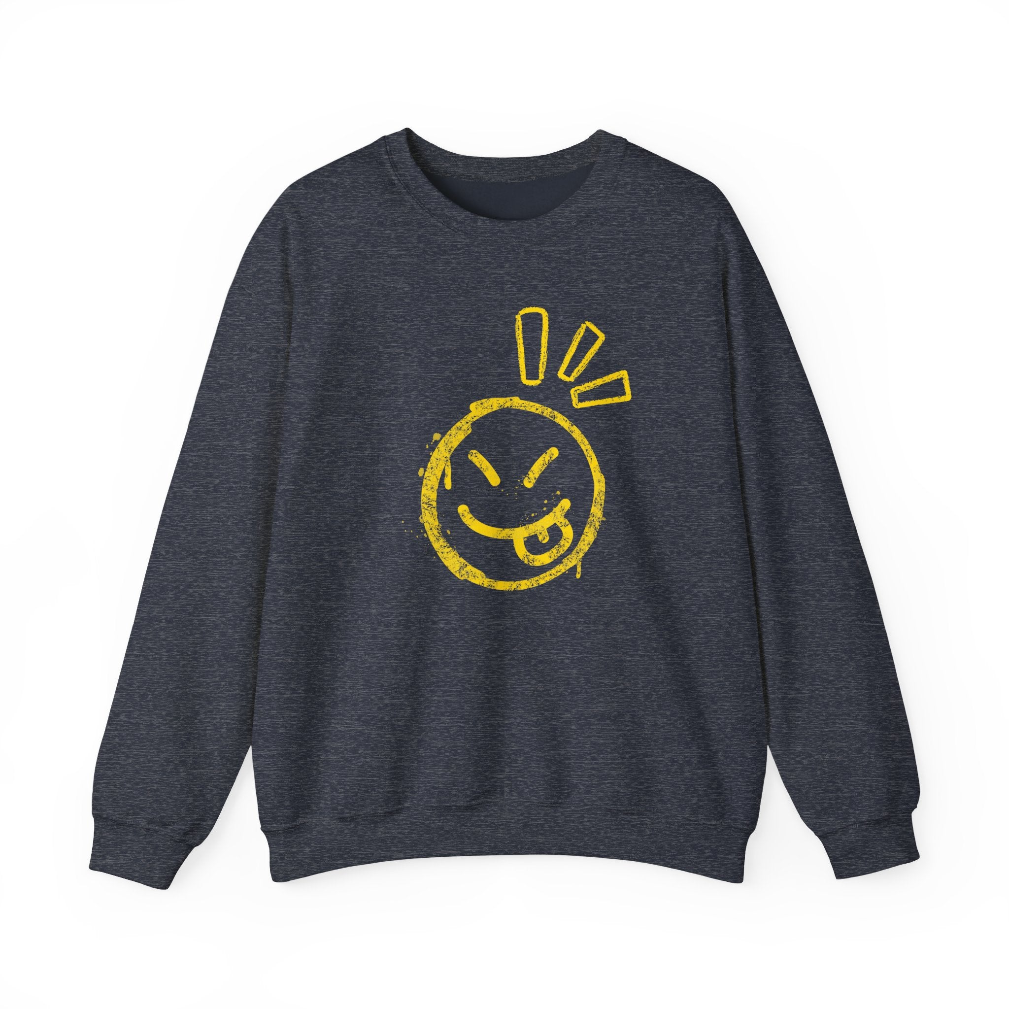 Dark navy sweatshirt with a yellow smiley face design on a white background