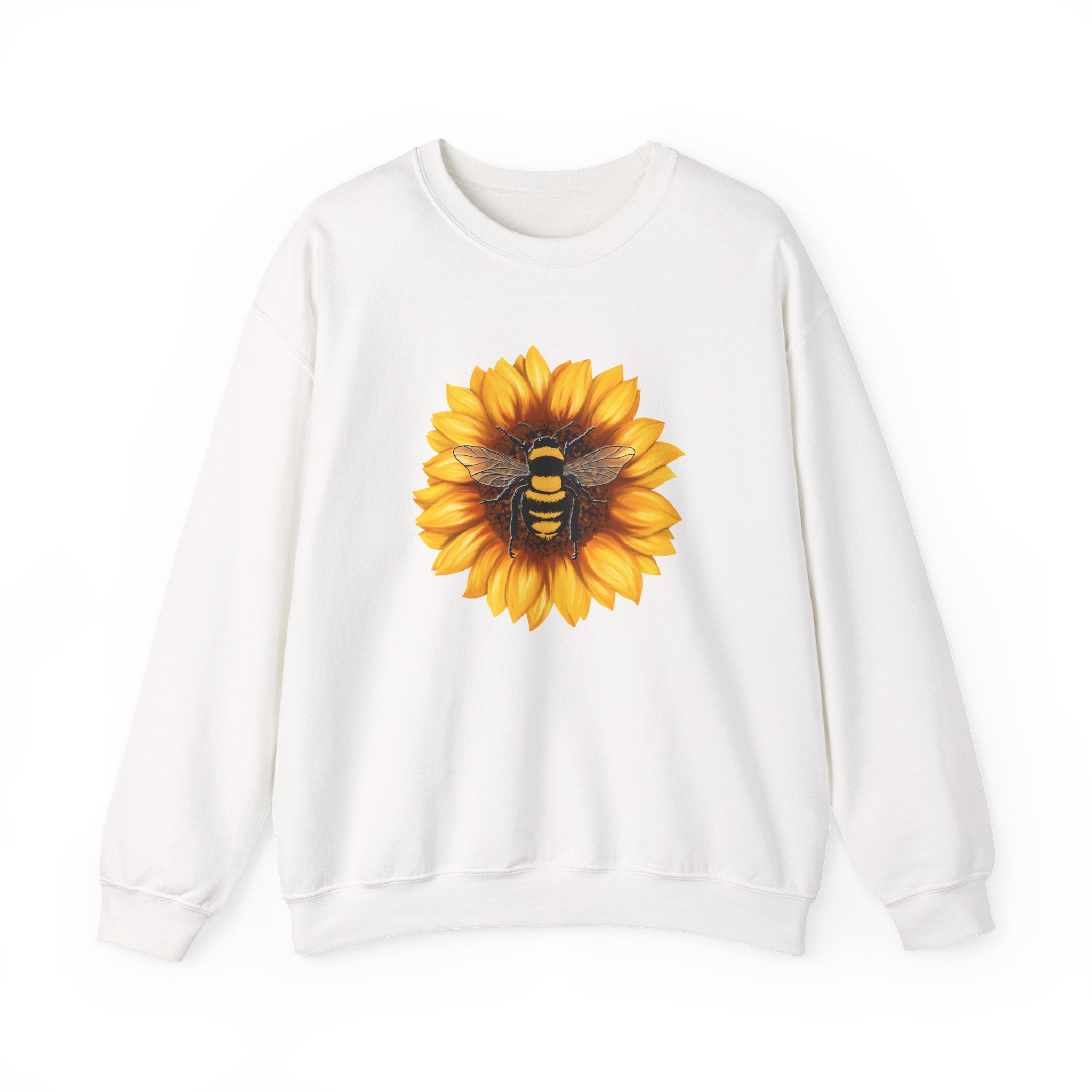 White sweatshirt with a sunflower and bee design on a white background