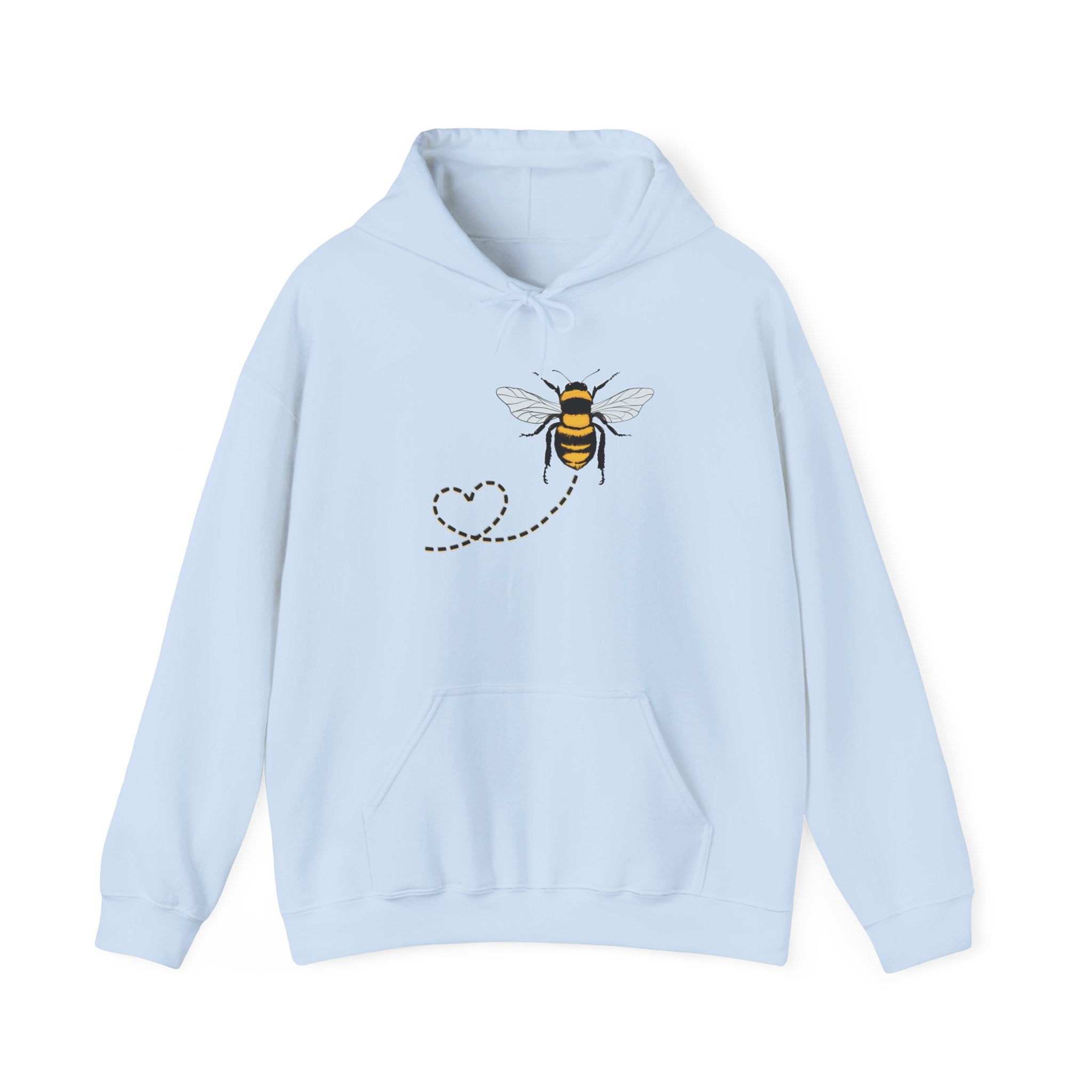 Light blue hoodie with a bee and heart design on a white background