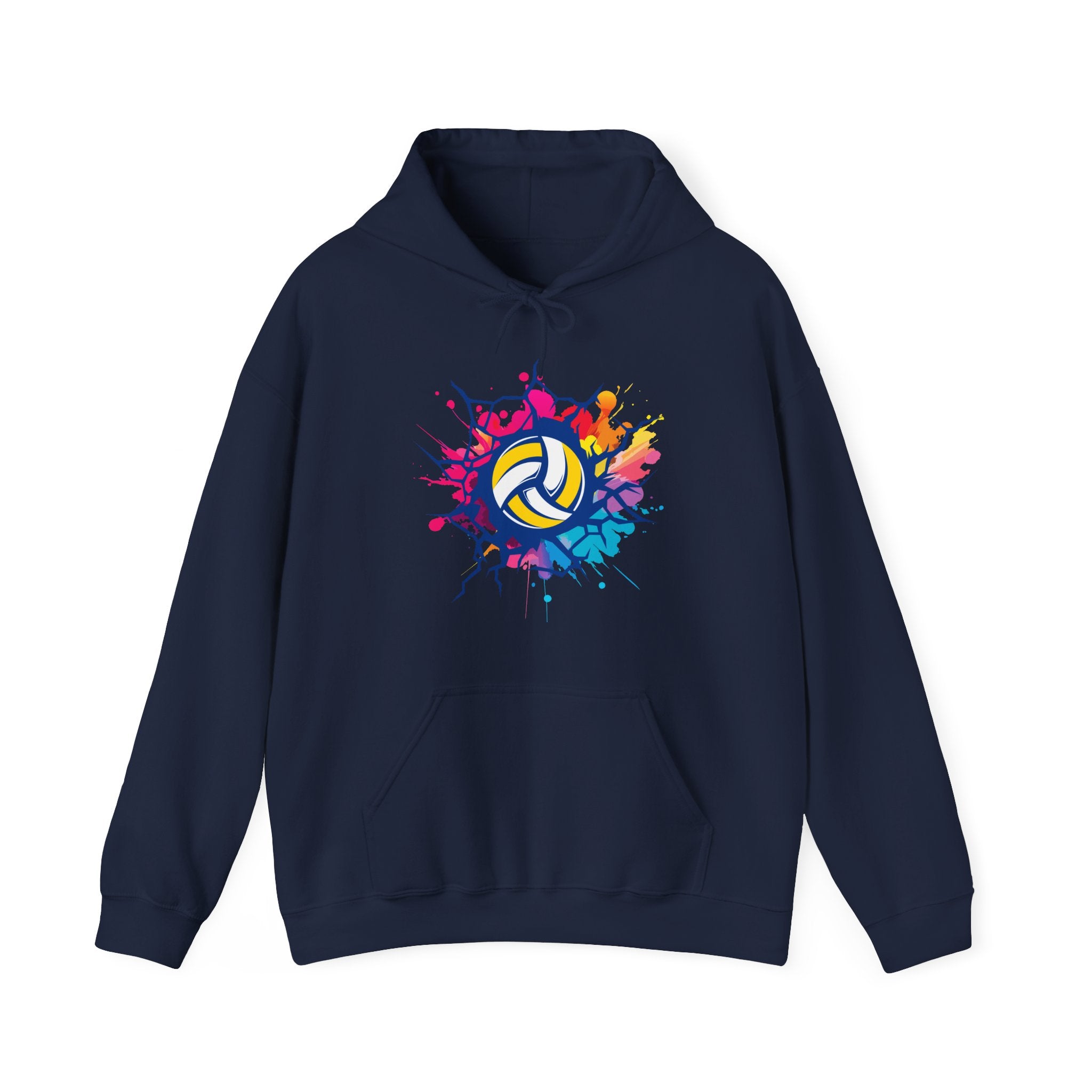 Navy blue hoodie with colorful volleyball design on a white background