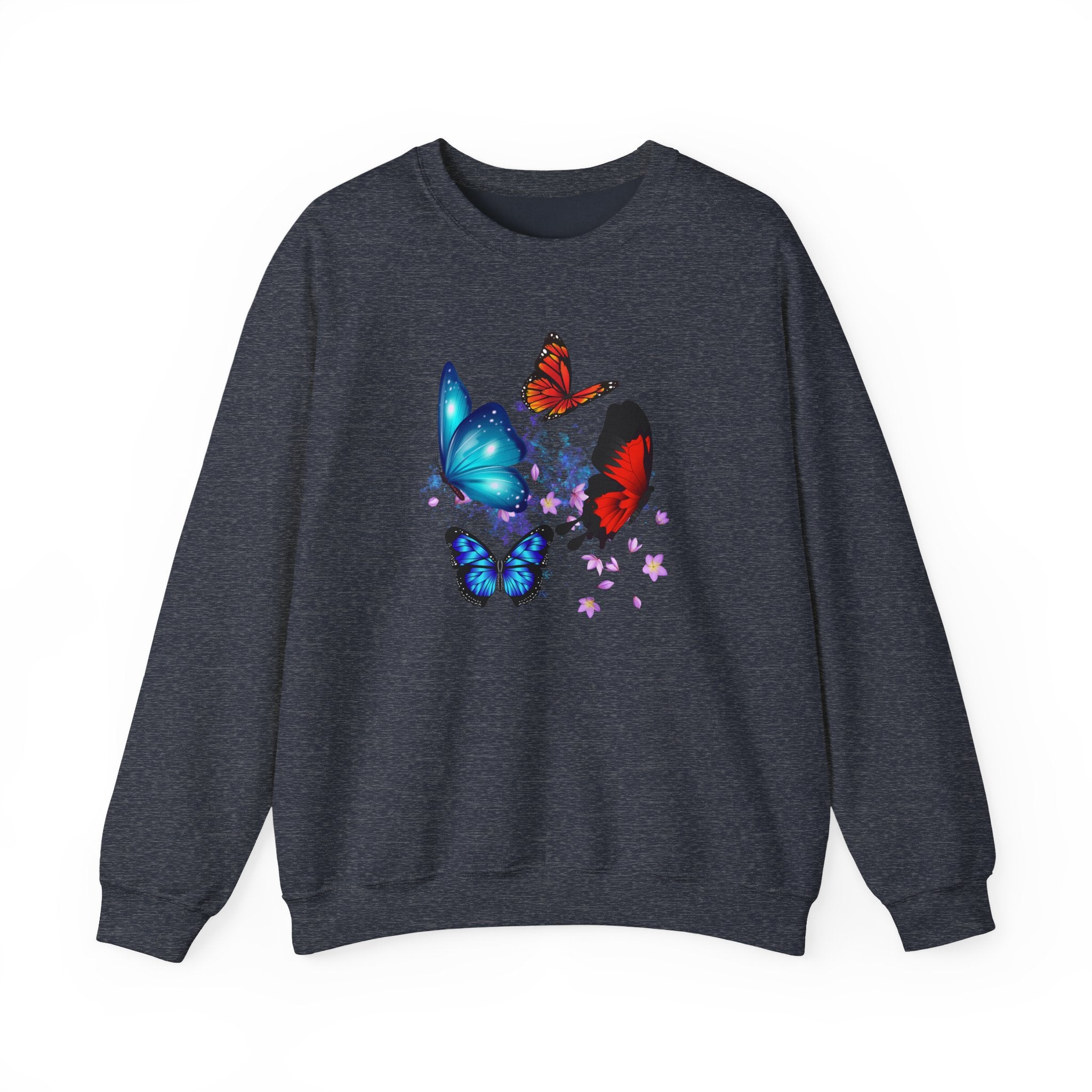 Dark gray sweatshirt with colorful butterfly design on a white background