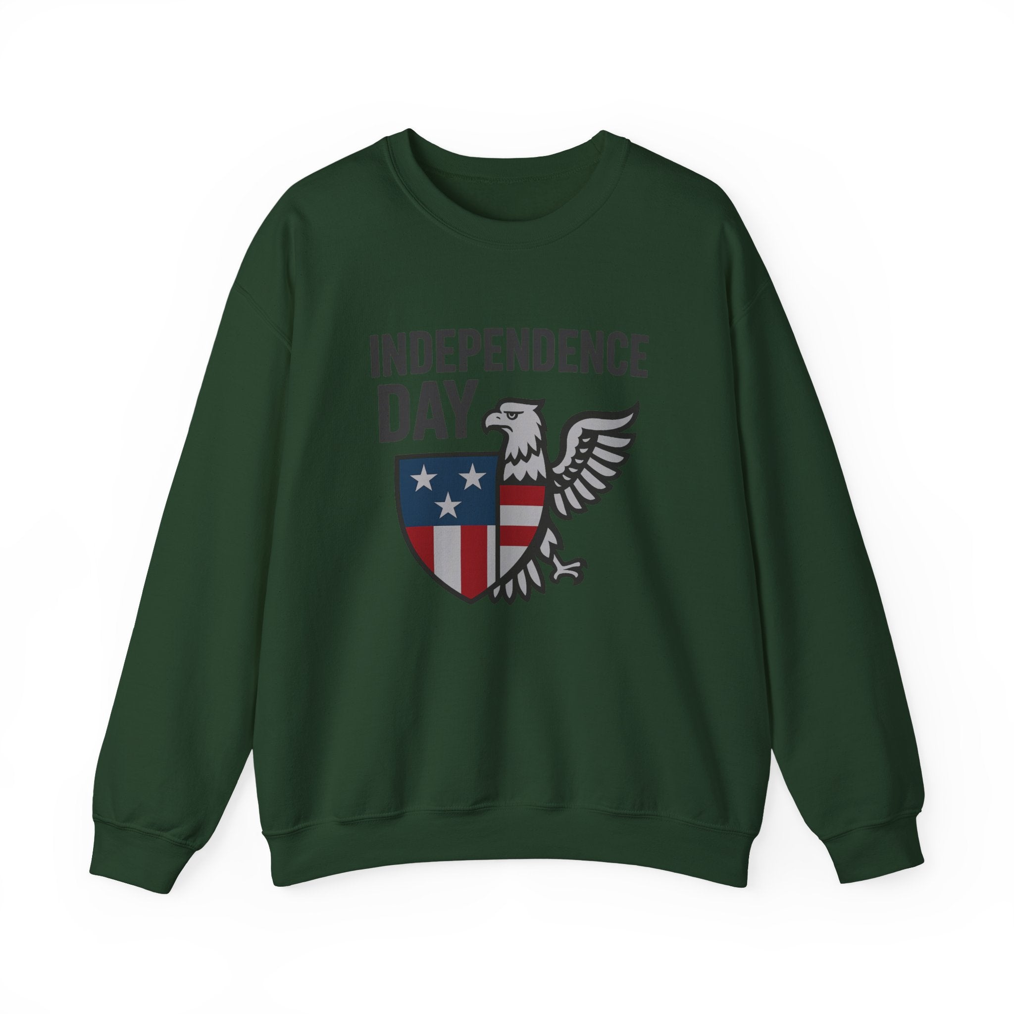 Green sweatshirt with 'Independence Day' design featuring an eagle and shield on a white background