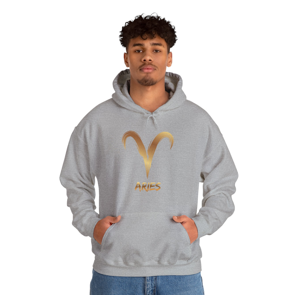 Person wearing a gray hoodie with gold Aries symbol and text on a white background