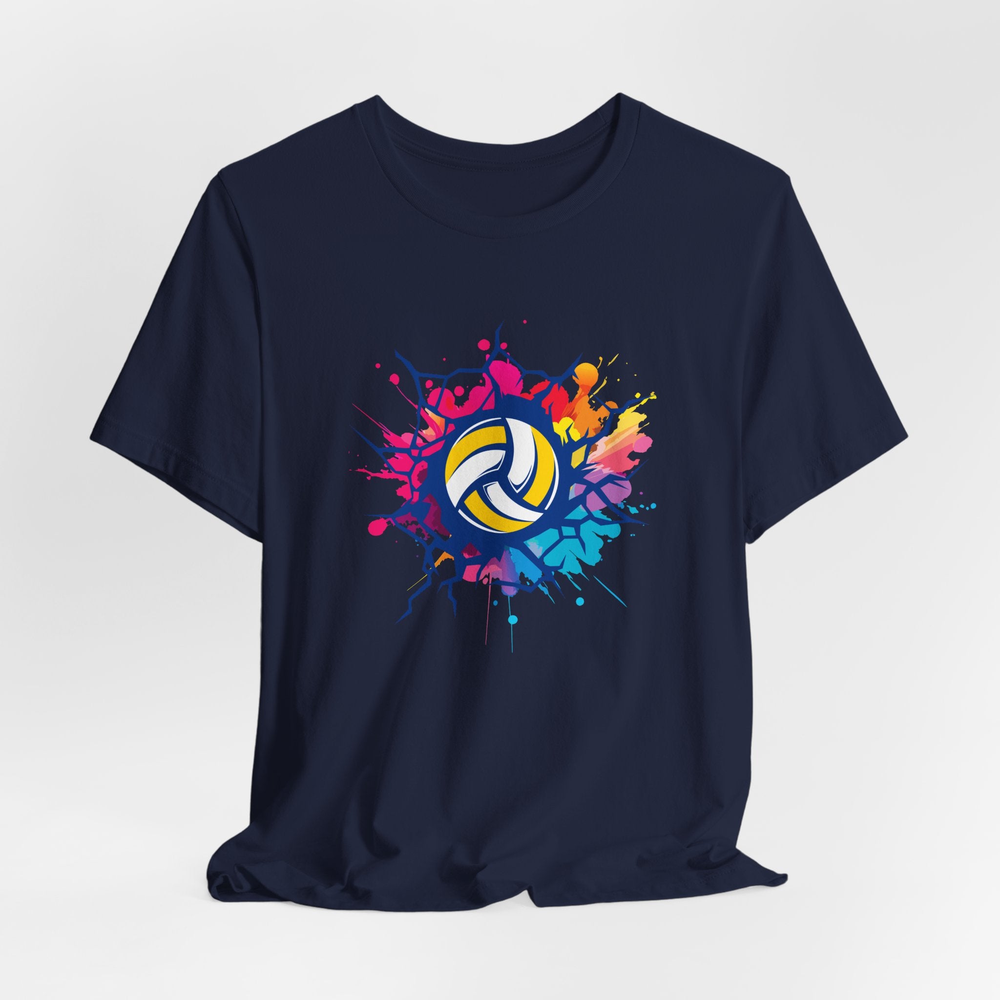Navy blue t-shirt with colorful volleyball design on a light gray background