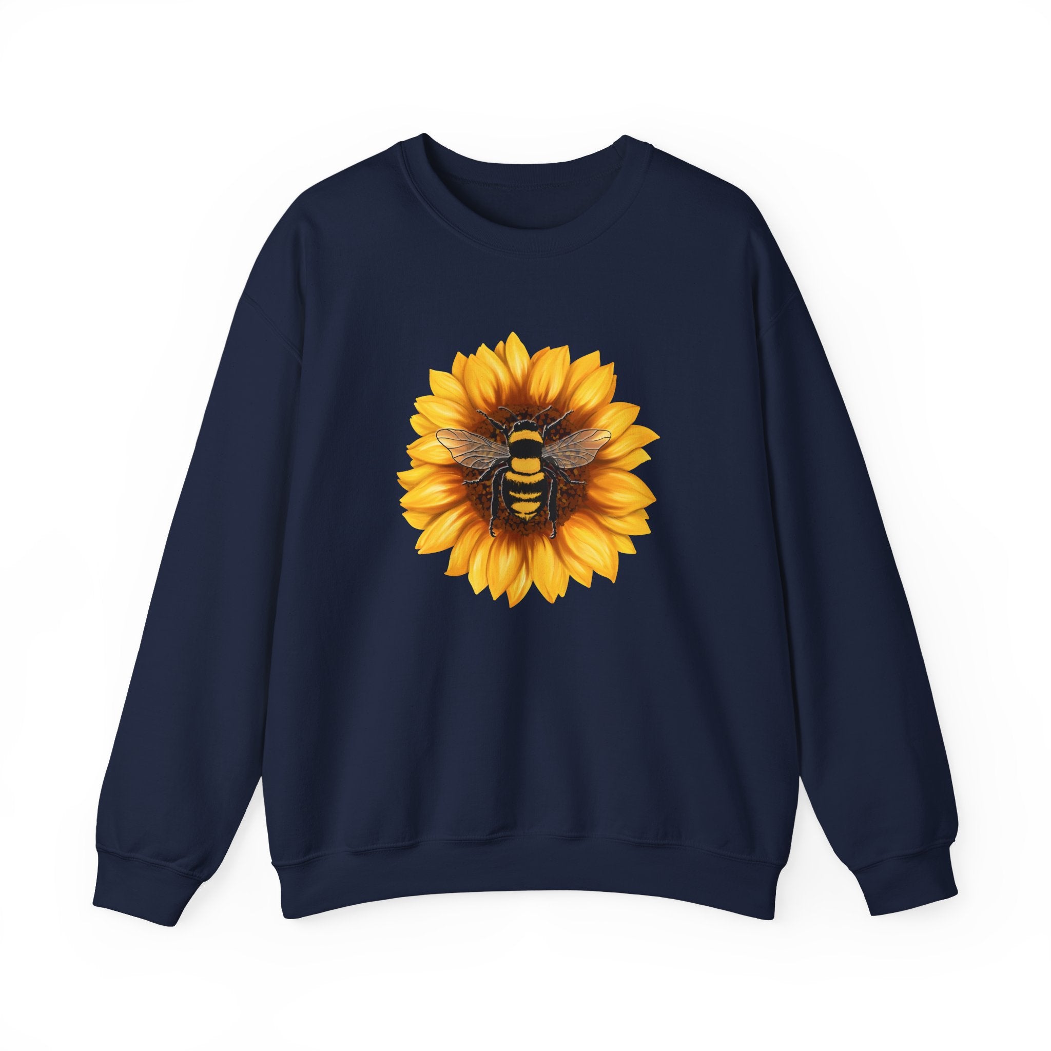 Navy blue sweatshirt with a sunflower and bee design on a white background