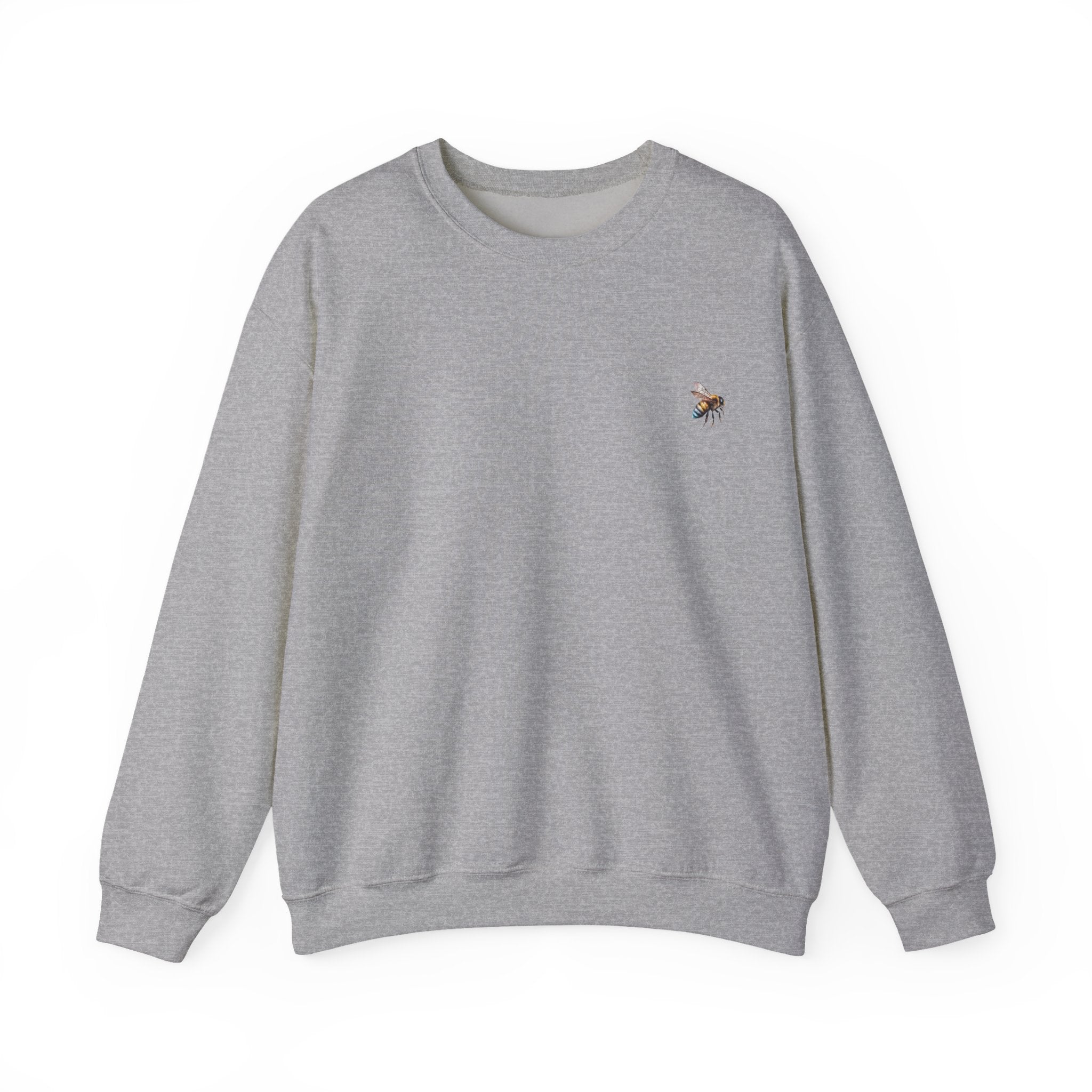 Gray sweatshirt with a small bee logo on a white background