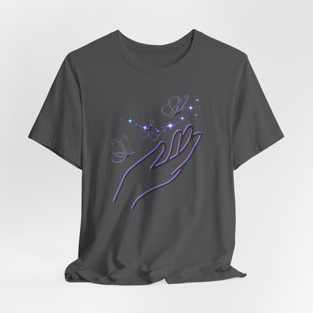 Gray t-shirt with a design of hands holding butterflies on a light gray background