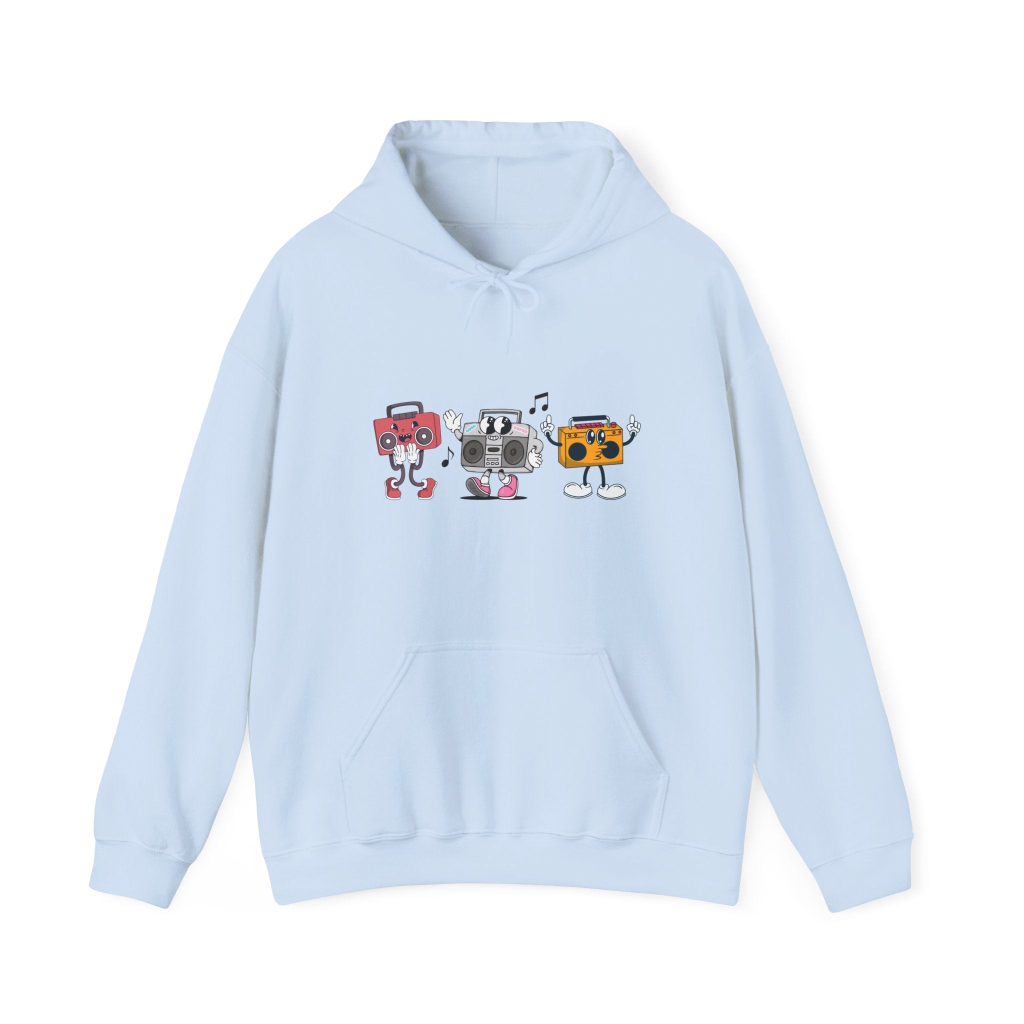 Light blue hoodie with cartoon designs on a white background
