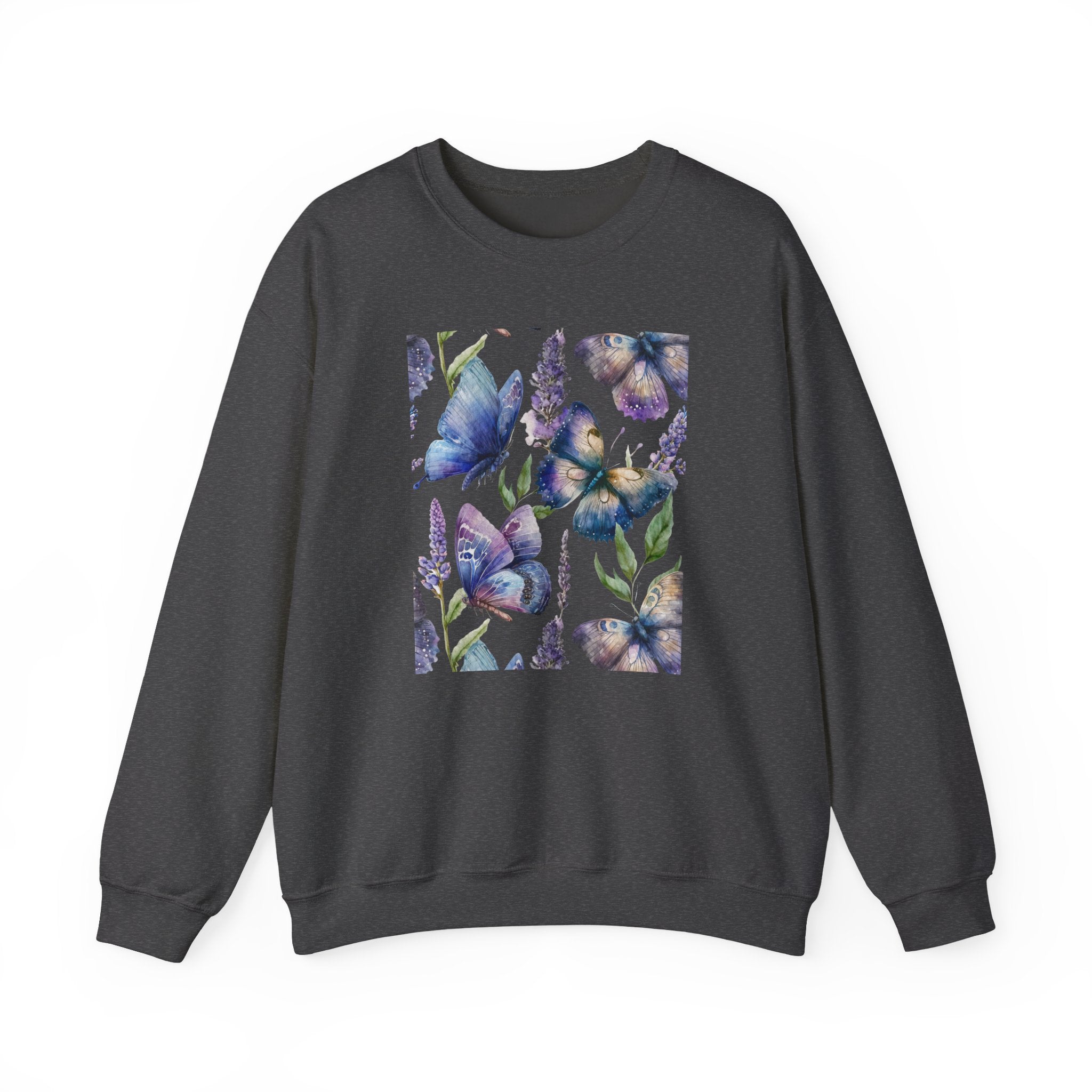 Dark gray sweatshirt with a colorful floral and butterfly design on a white background