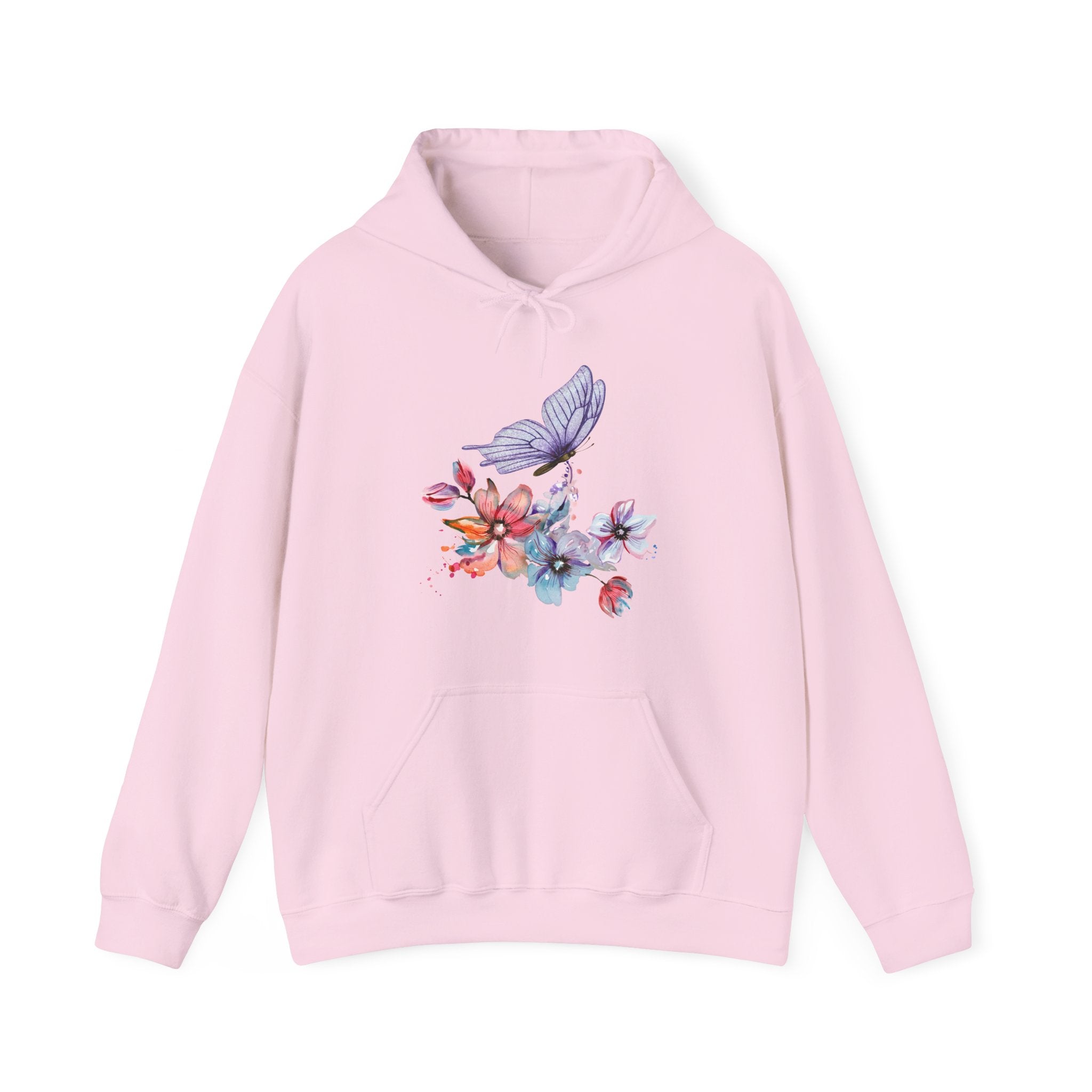 Pink hoodie with floral and butterfly design on a white background