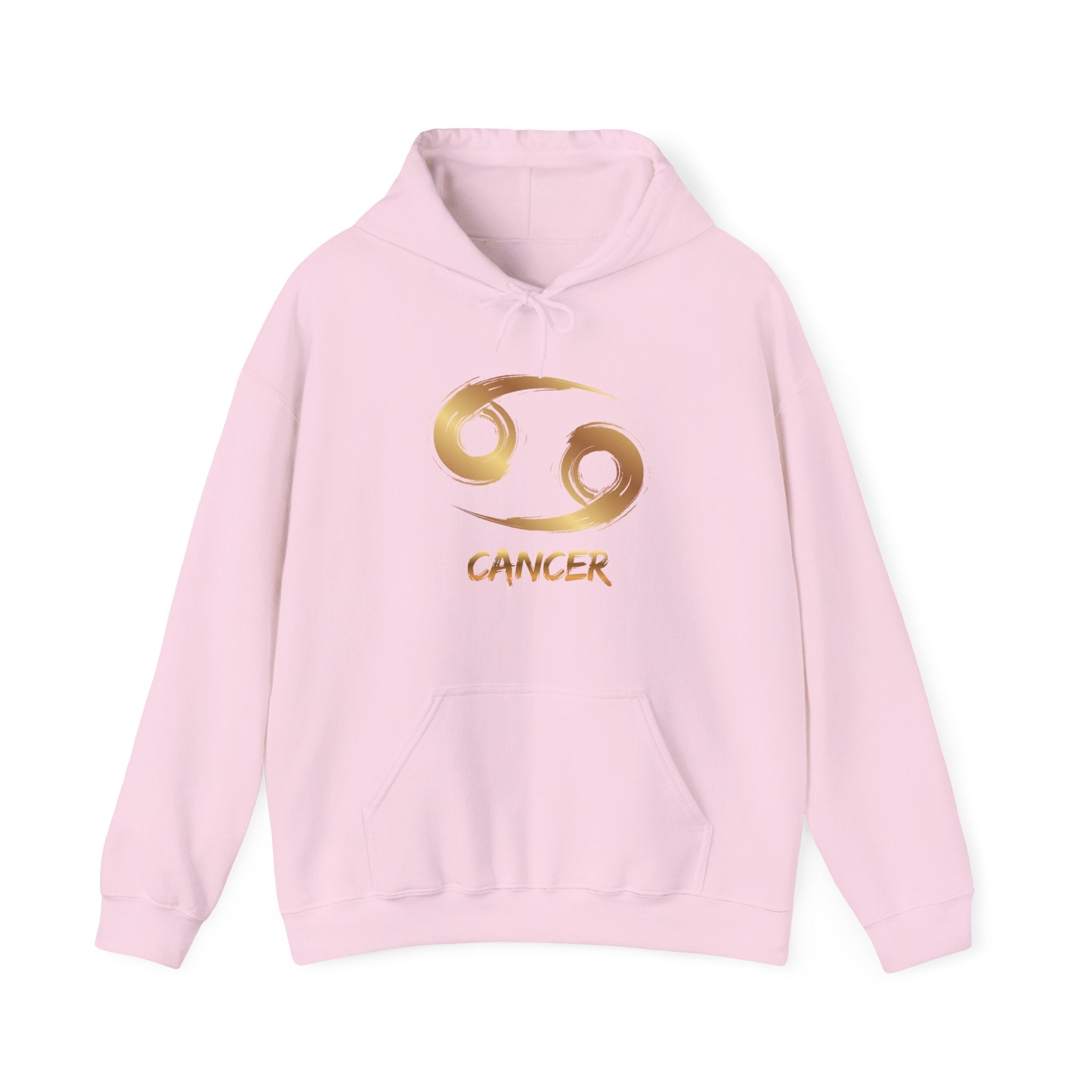 Pink hoodie with gold Cancer zodiac symbol on a white background