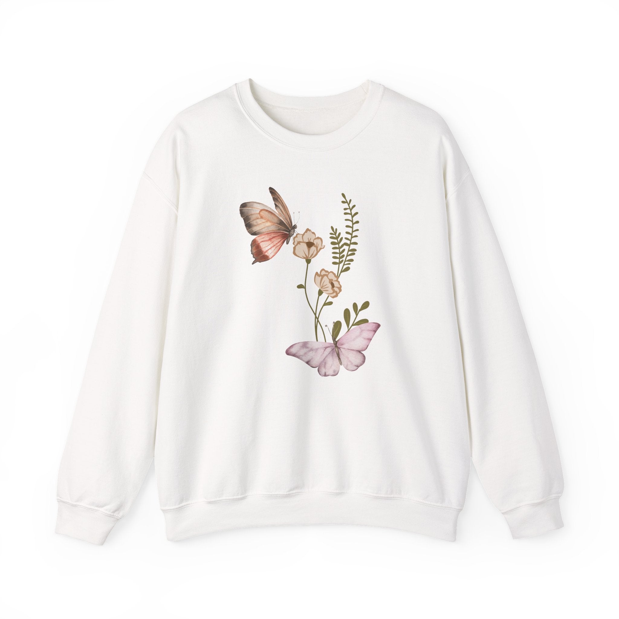 White sweatshirt with butterfly and floral design on a white background