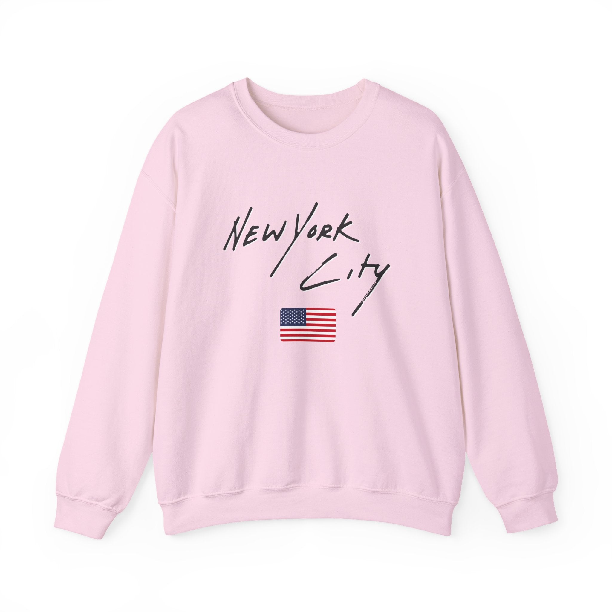 Pink sweatshirt with 'New York City' and American flag on a white background