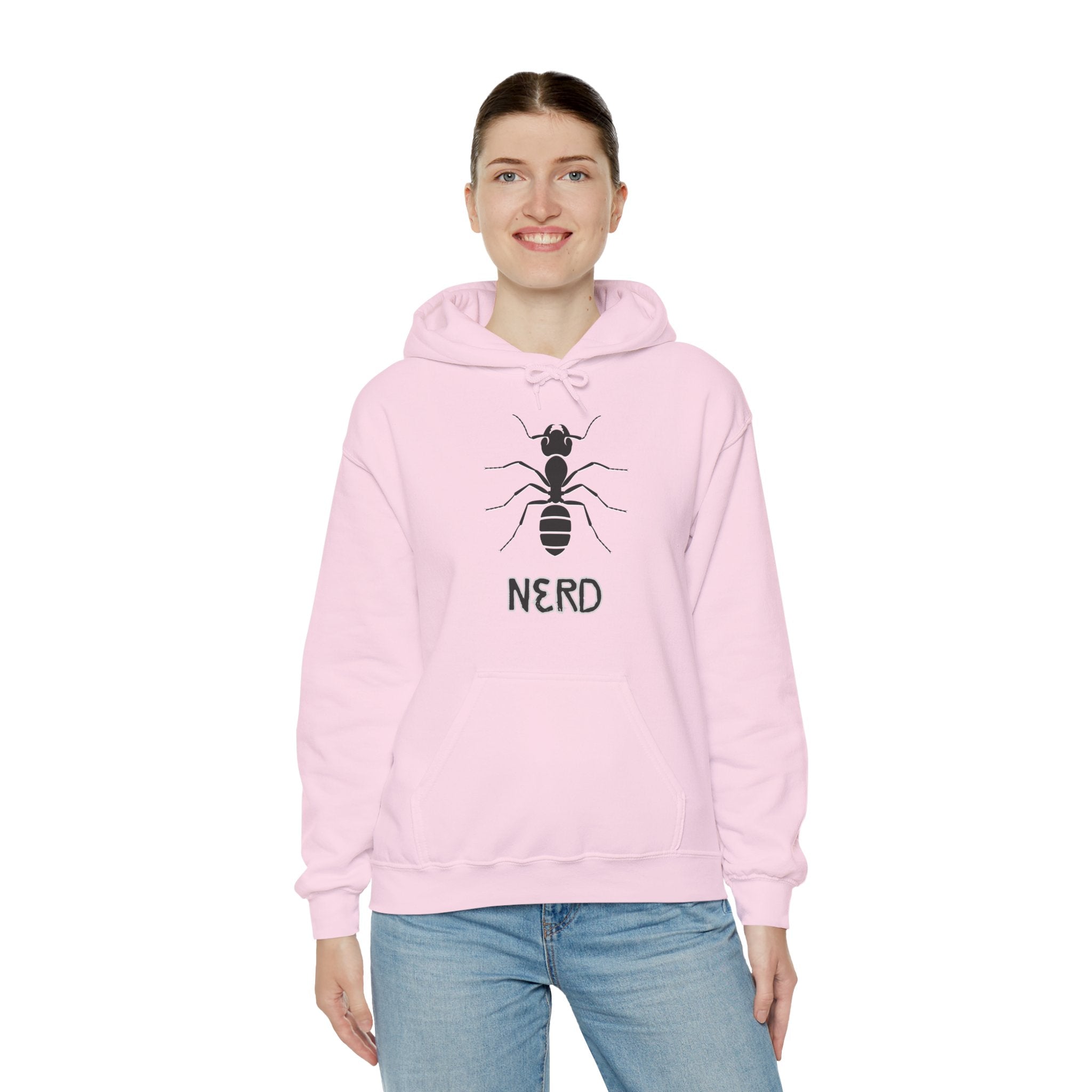 Person wearing a pink hoodie with ant and 'NERD' text design on a white background