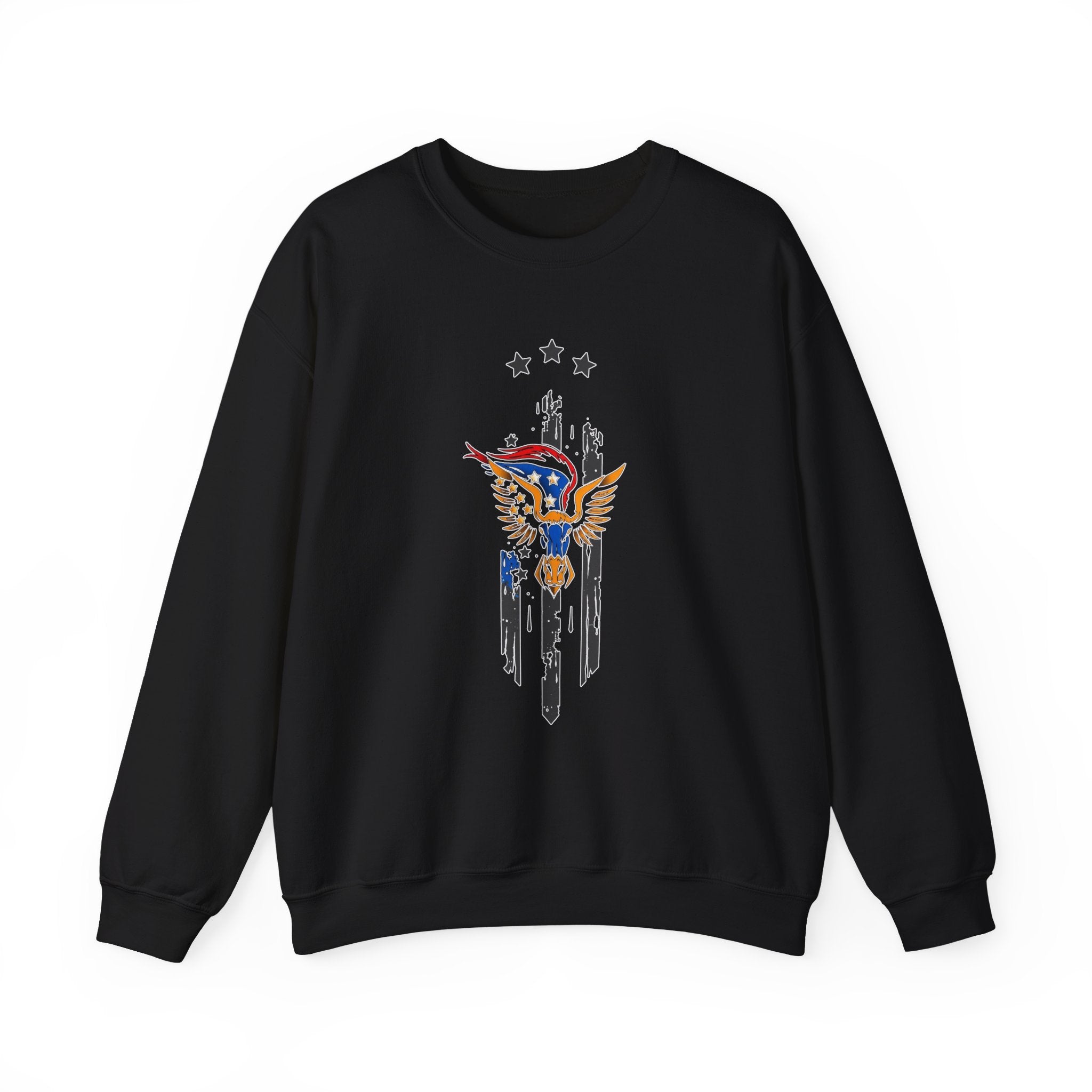 Black sweatshirt with a colorful eagle design on a white background