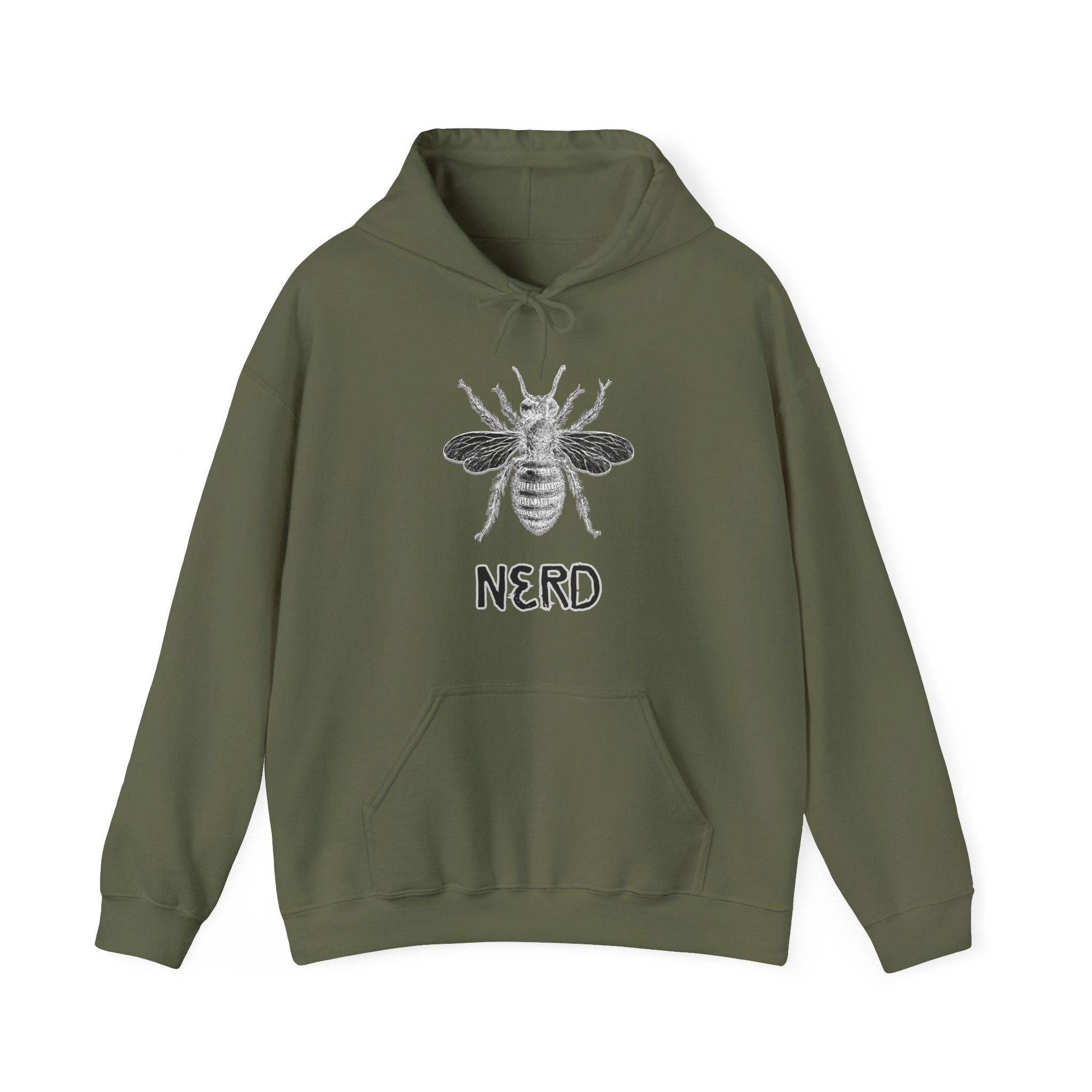 Military green hoodie with bee and  'Nerd' text on a white background