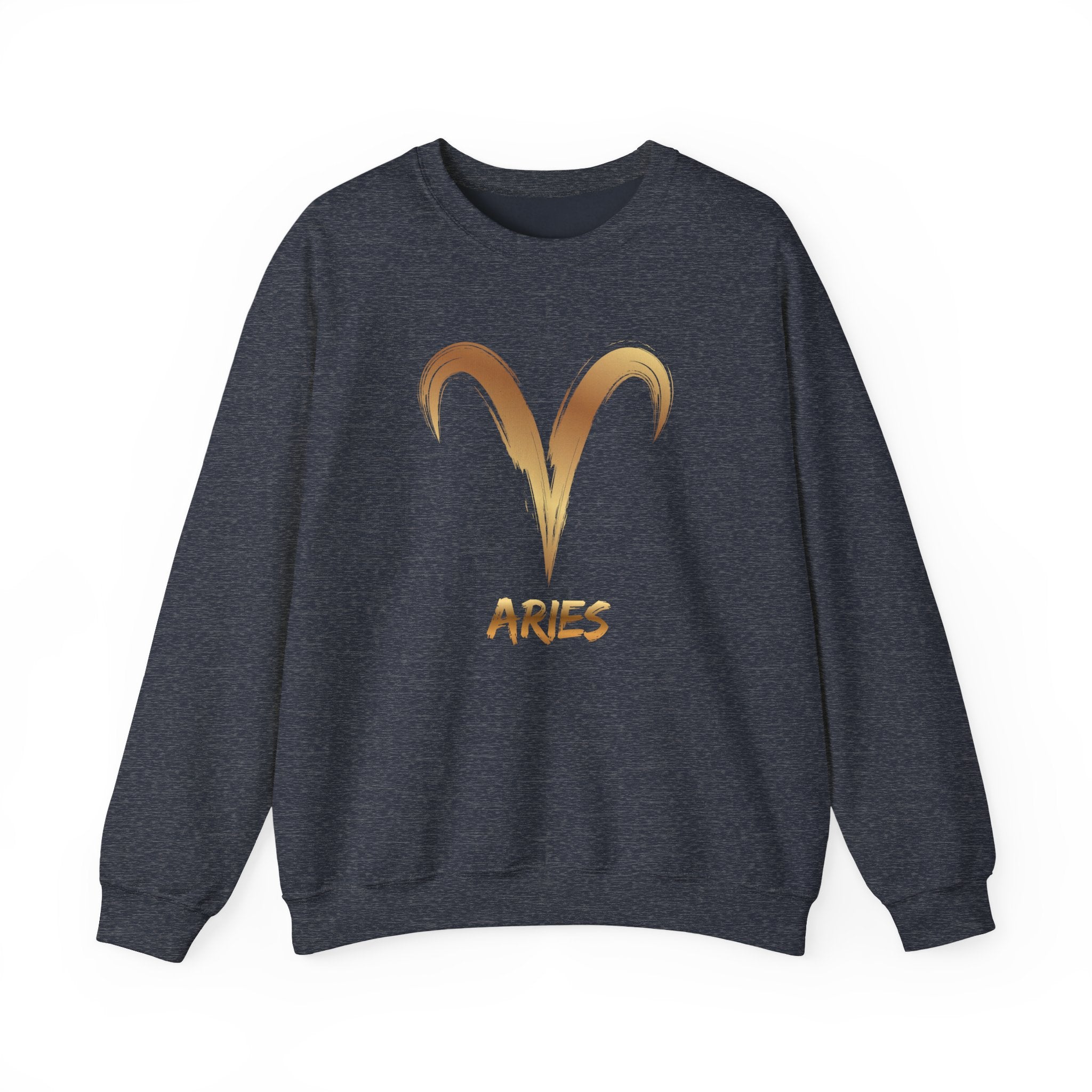 Dark navy sweatshirt with gold Aries symbol and text on a white background