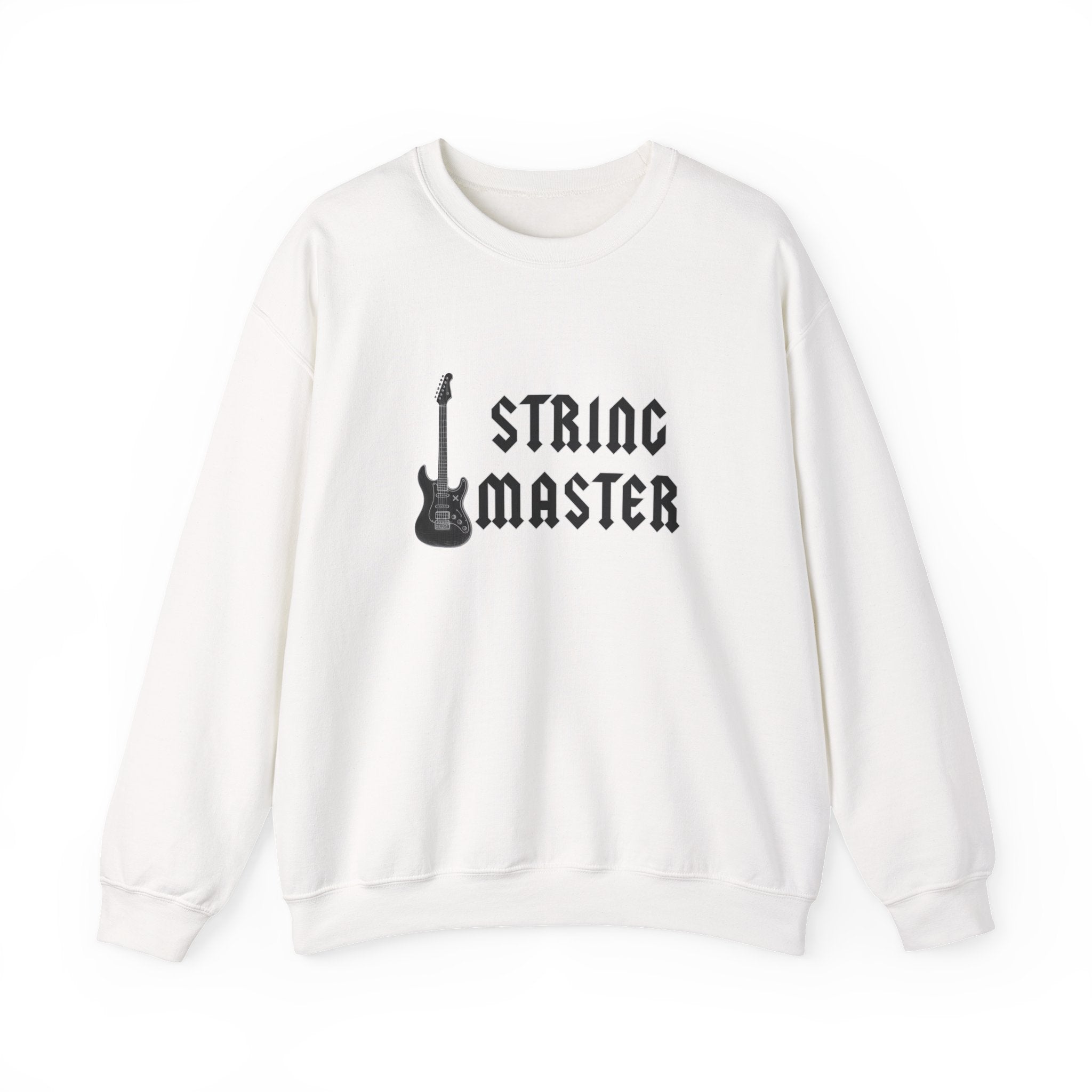 White sweatshirt with 'String Master' graphic and guitar on a white background