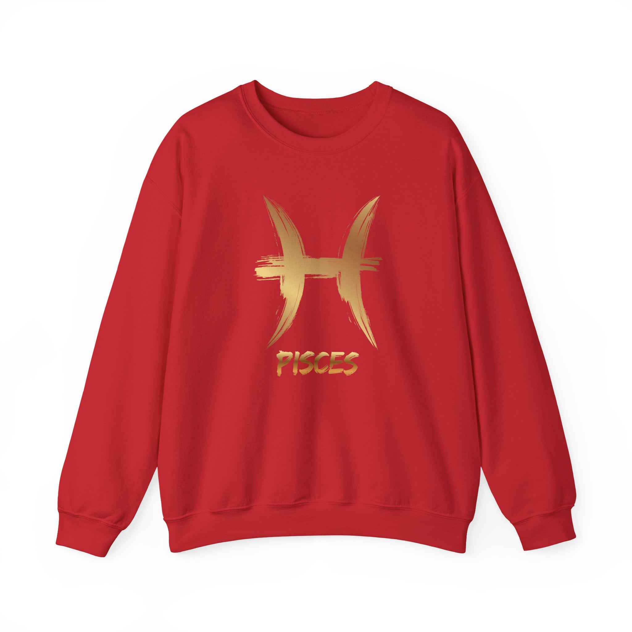Red sweatshirt with gold Pisces symbol and text on a white background