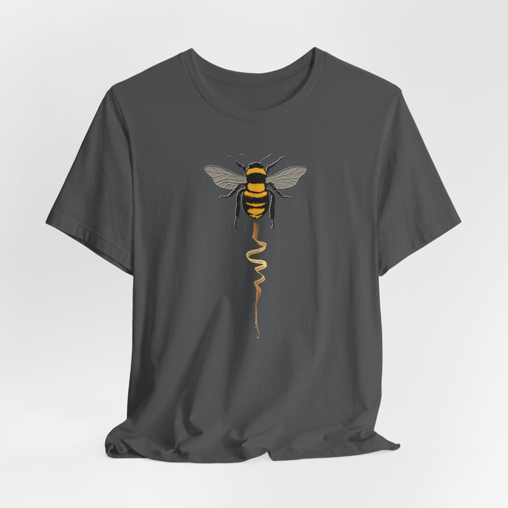 Gray t-shirt with a bee graphic on a white background