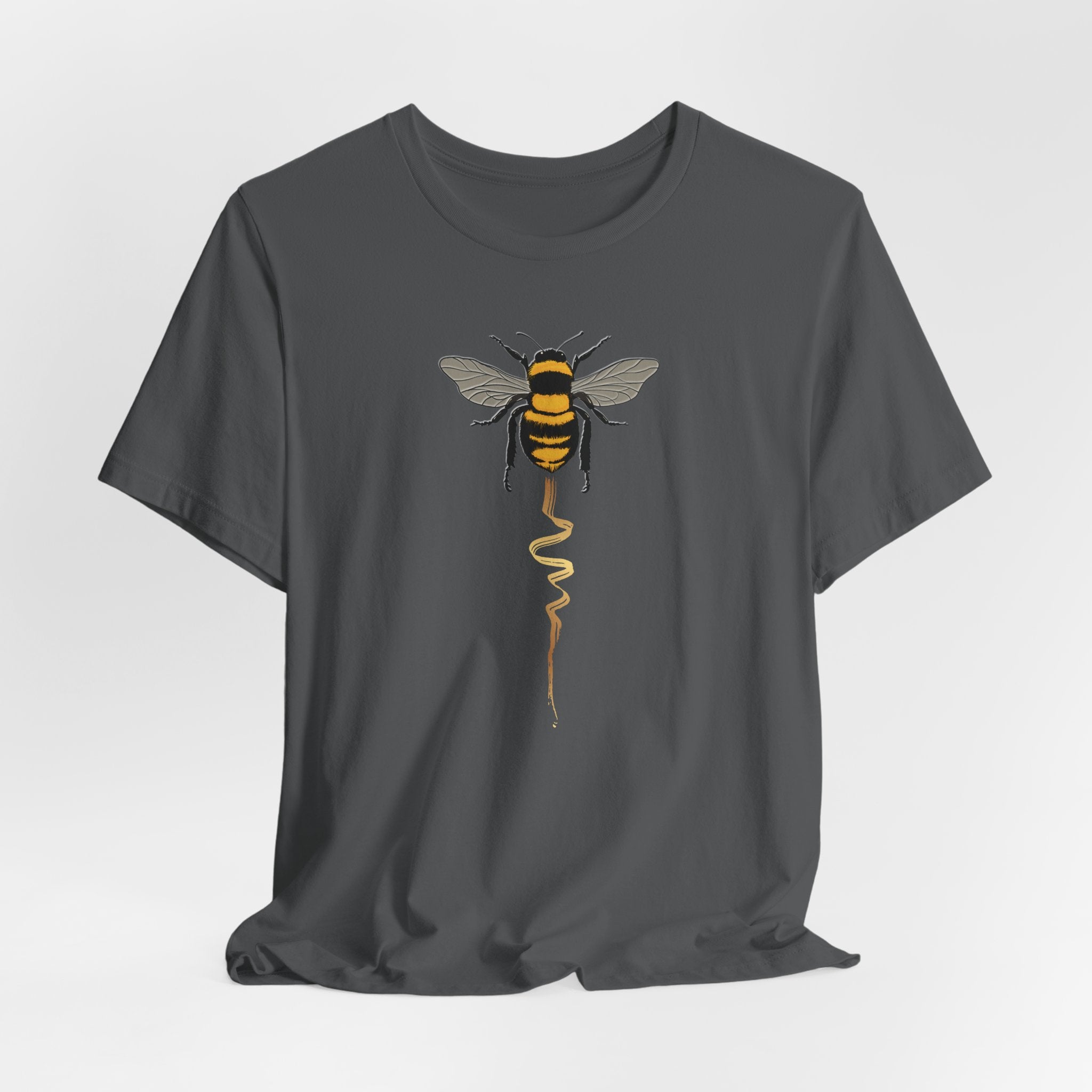 Gray t-shirt with a bee graphic on a white background