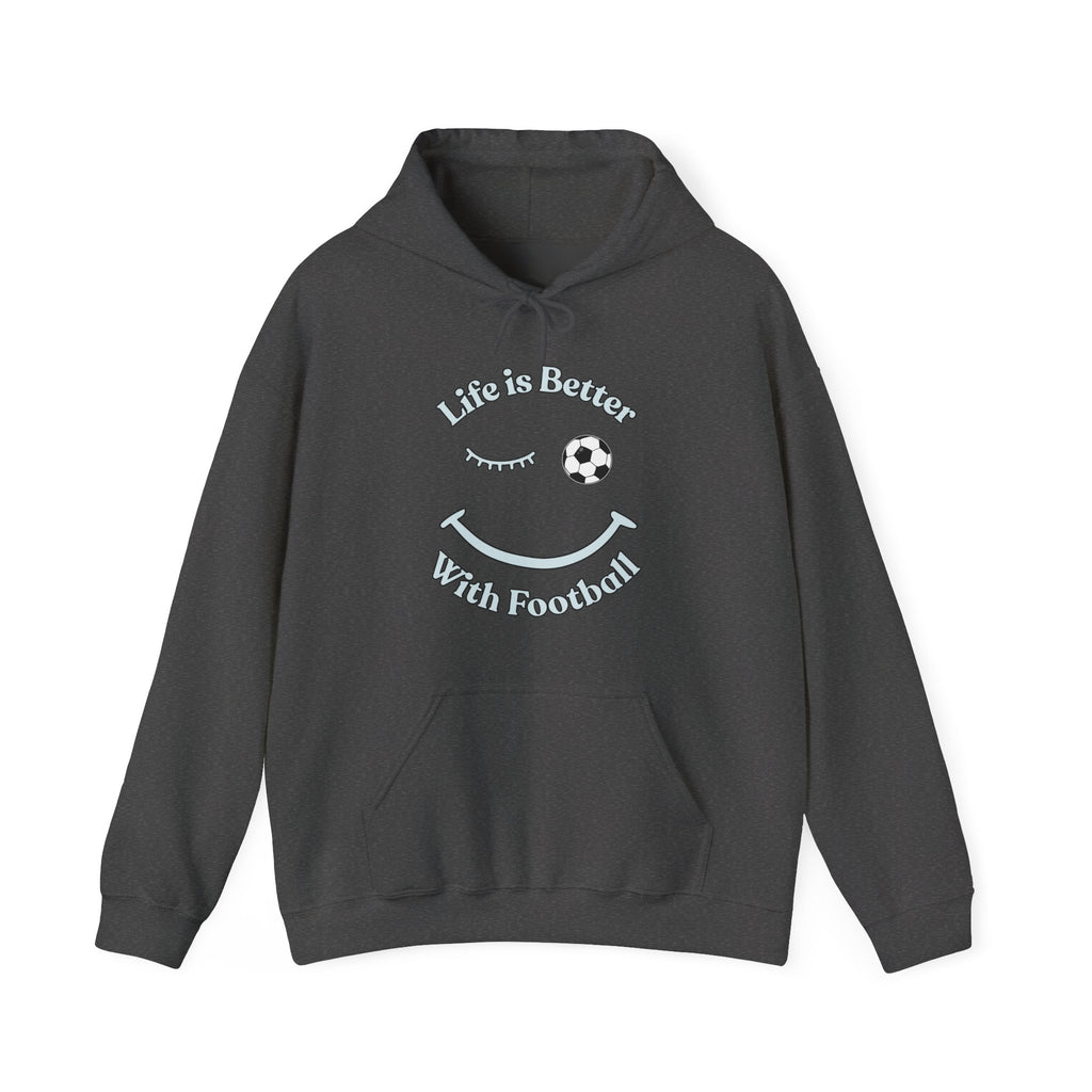 Dark gray hoodie with white text and smiley face design on a white background