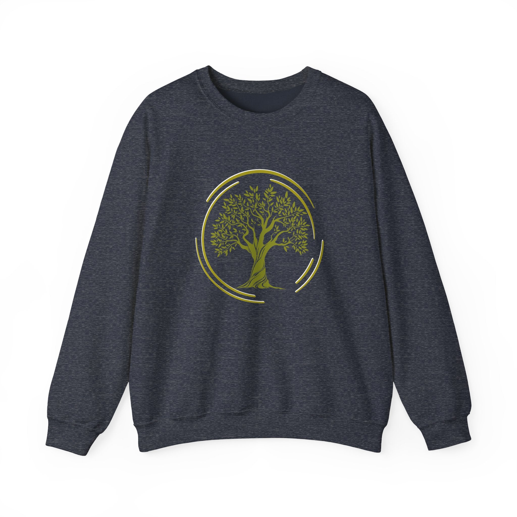 Dark navy sweatshirt with a green tree design on a white background