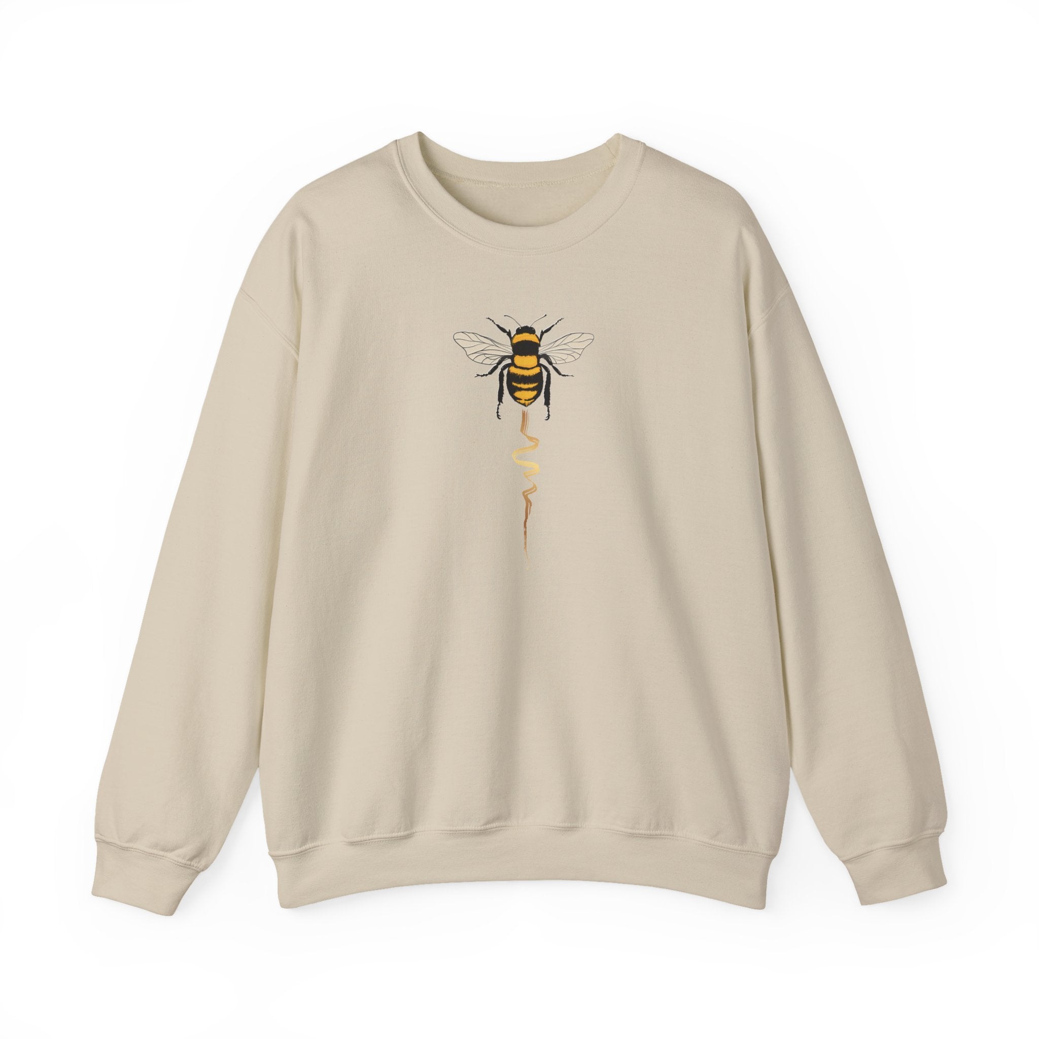 Beige sweatshirt with a bee graphic on a white background